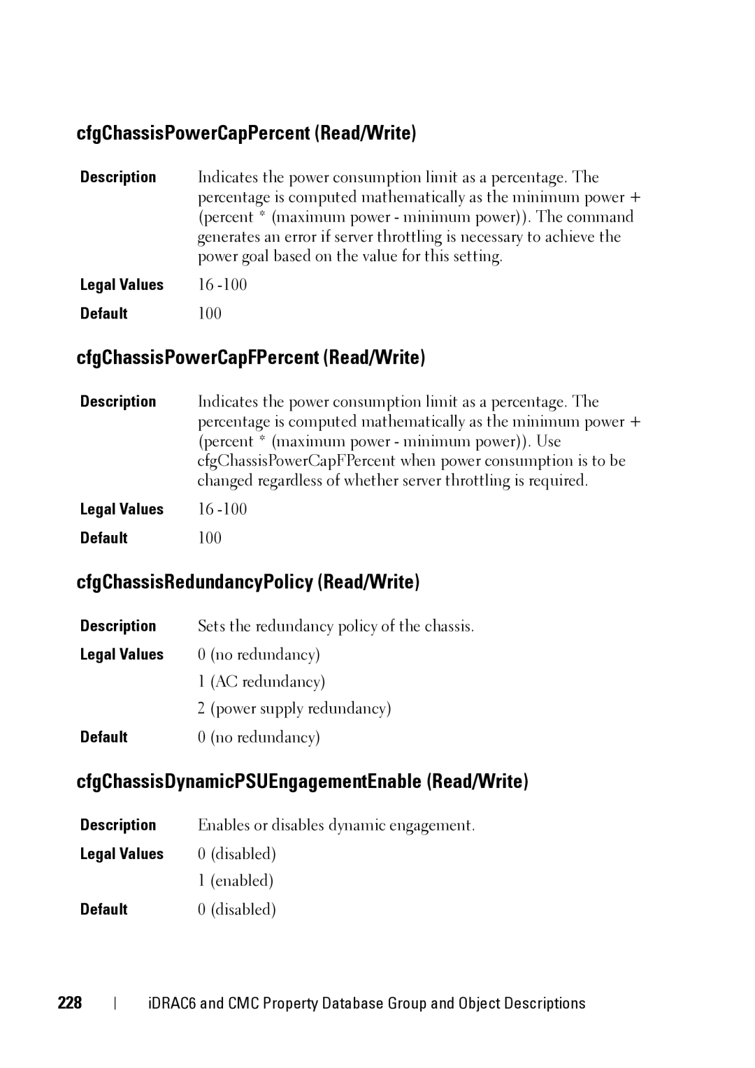 Dell IDRAC6 1.95, IDRAC6 3.5, CMC 3.2 manual CfgChassisPowerCapPercent Read/Write, CfgChassisPowerCapFPercent Read/Write, 228 