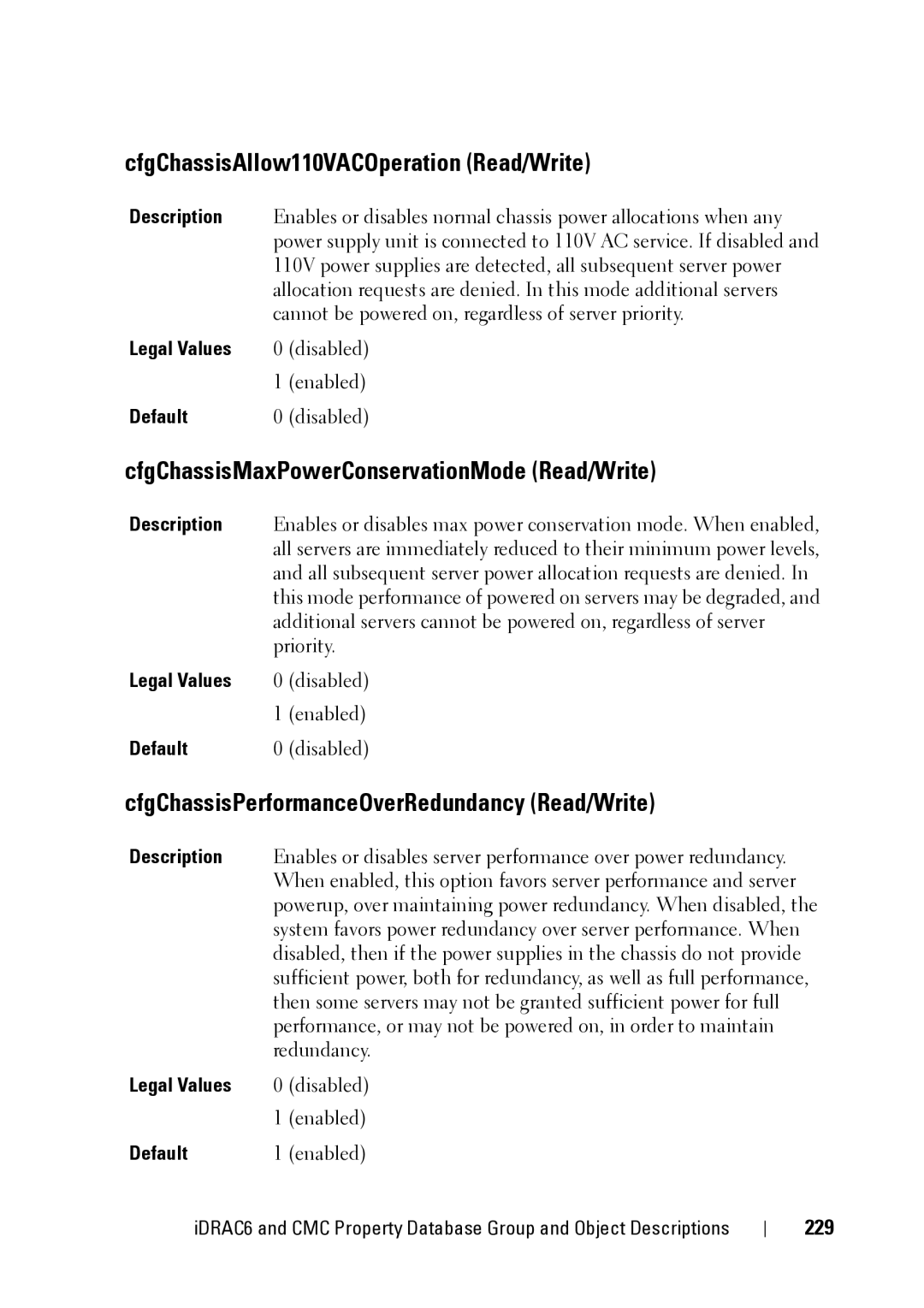 Dell IDRAC6 3.5, IDRAC6 1.95 CfgChassisAllow110VACOperation Read/Write, CfgChassisMaxPowerConservationMode Read/Write, 229 