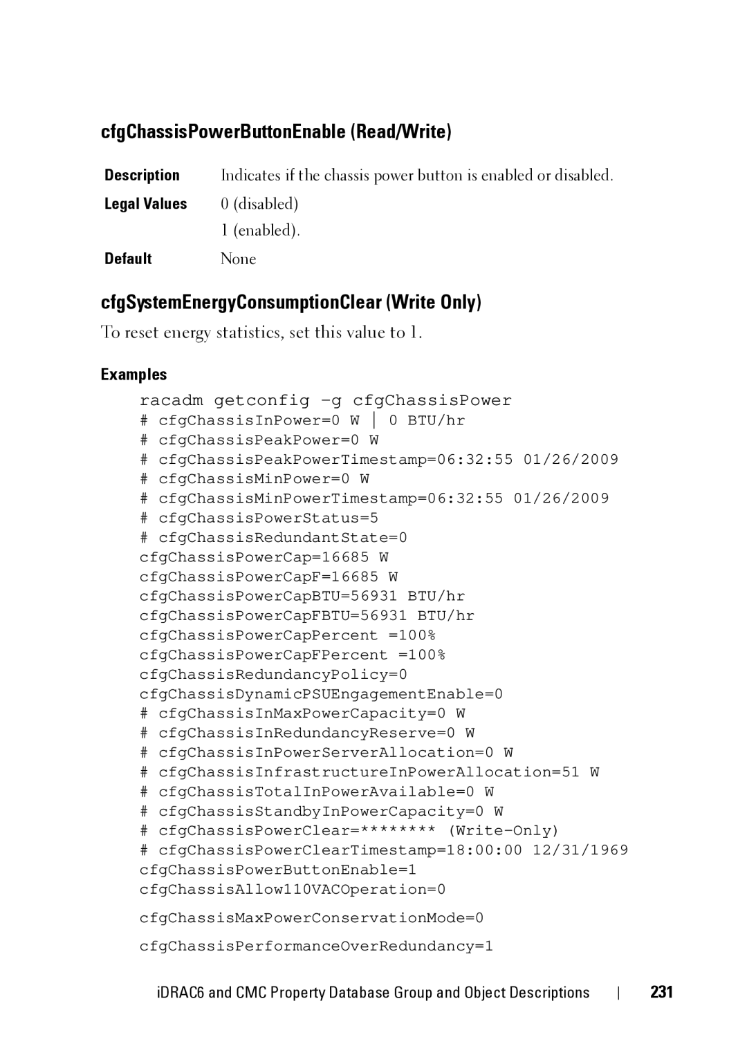 Dell IDRAC6 1.95 manual CfgChassisPowerButtonEnable Read/Write, CfgSystemEnergyConsumptionClear Write Only, 231, Disabled 