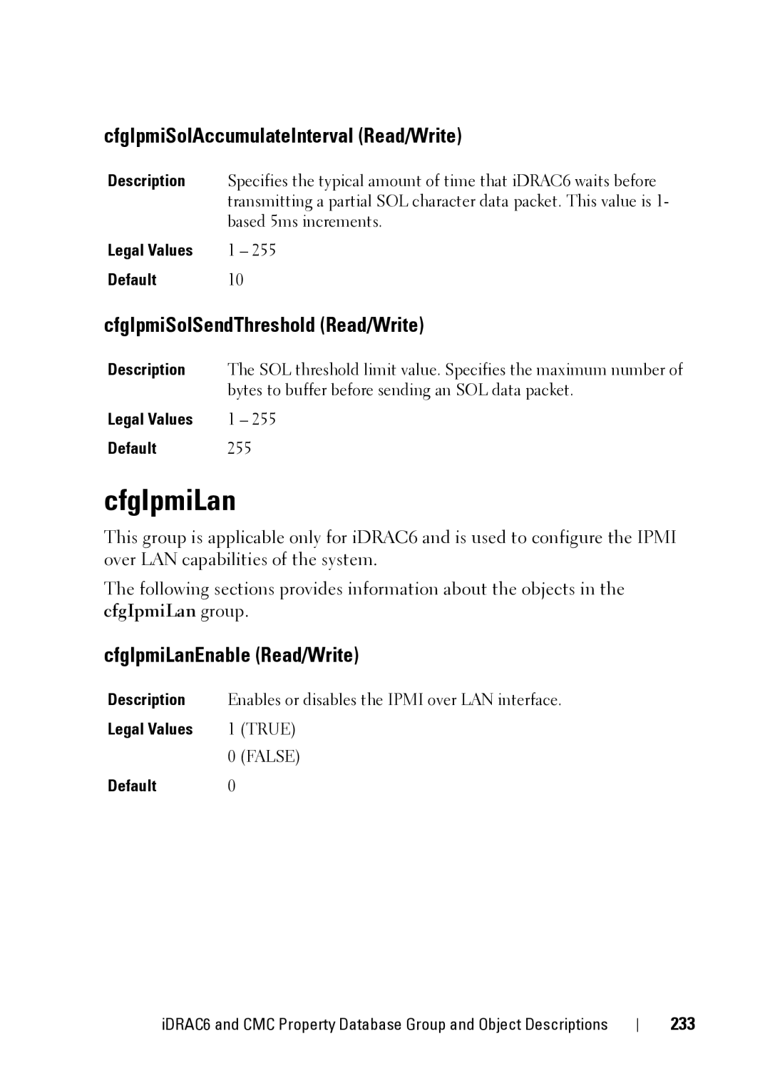 Dell CMC 3.2, IDRAC6 1.95 CfgIpmiLan, CfgIpmiSolAccumulateInterval Read/Write, CfgIpmiSolSendThreshold Read/Write, 233 