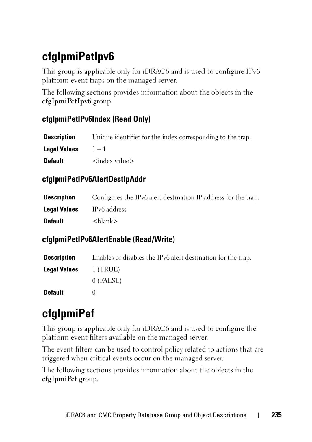 Dell IDRAC6 3.5, IDRAC6 1.95 manual CfgIpmiPetIpv6, CfgIpmiPef, CfgIpmiPetIPv6Index Read Only, CfgIpmiPetIPv6AlertDestIpAddr 