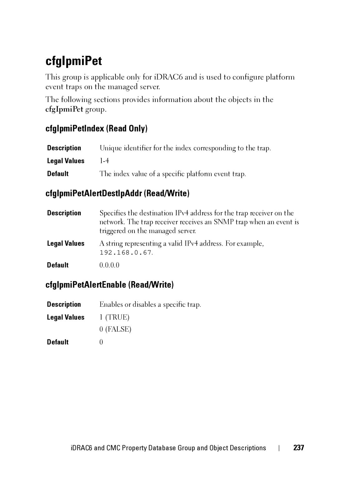 Dell IDRAC6 1.95 CfgIpmiPetIndex Read Only, CfgIpmiPetAlertDestIpAddr Read/Write, CfgIpmiPetAlertEnable Read/Write 