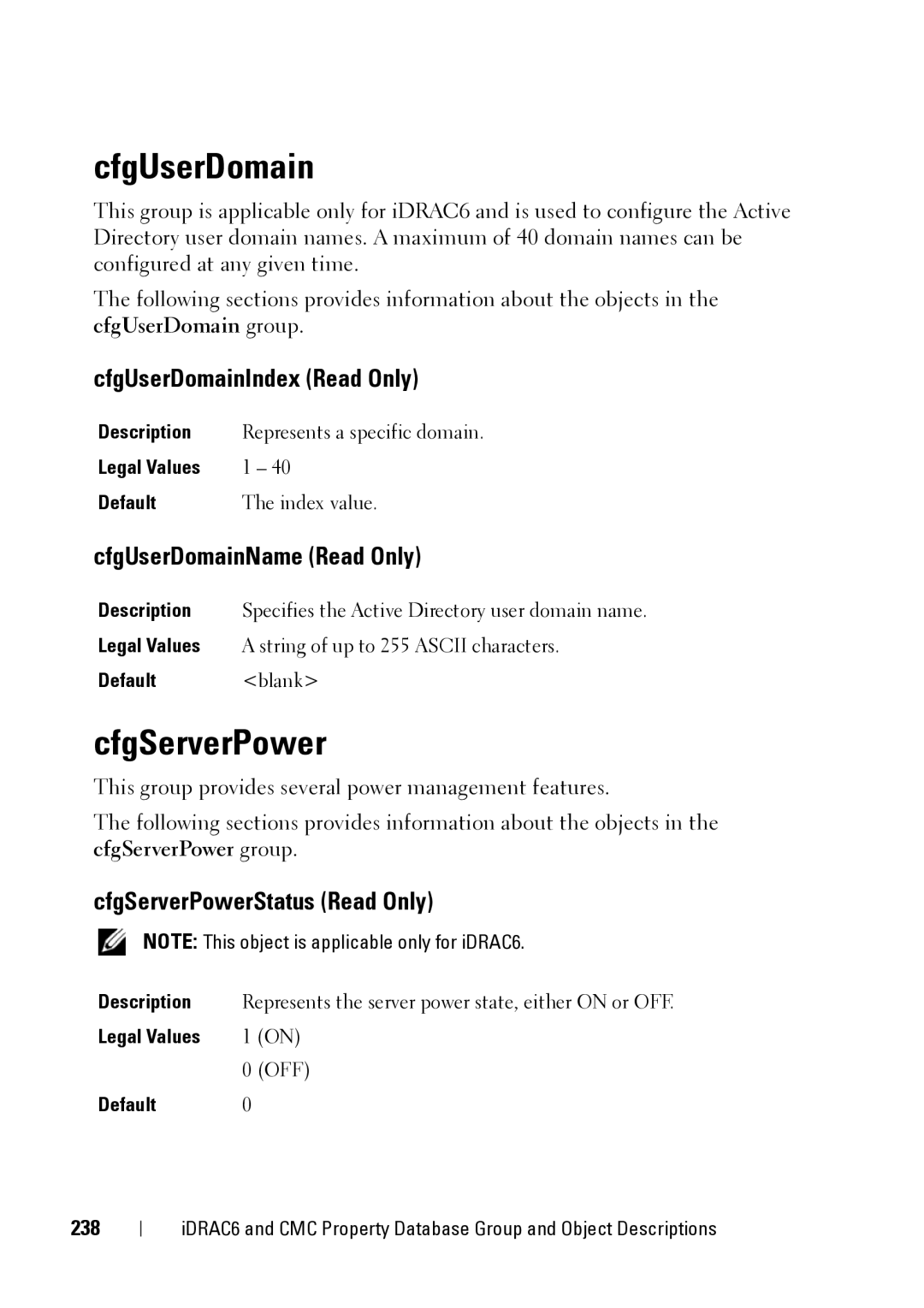 Dell IDRAC6 3.5, IDRAC6 1.95, CMC 3.2 manual CfgServerPower, CfgUserDomainIndex Read Only, CfgUserDomainName Read Only 