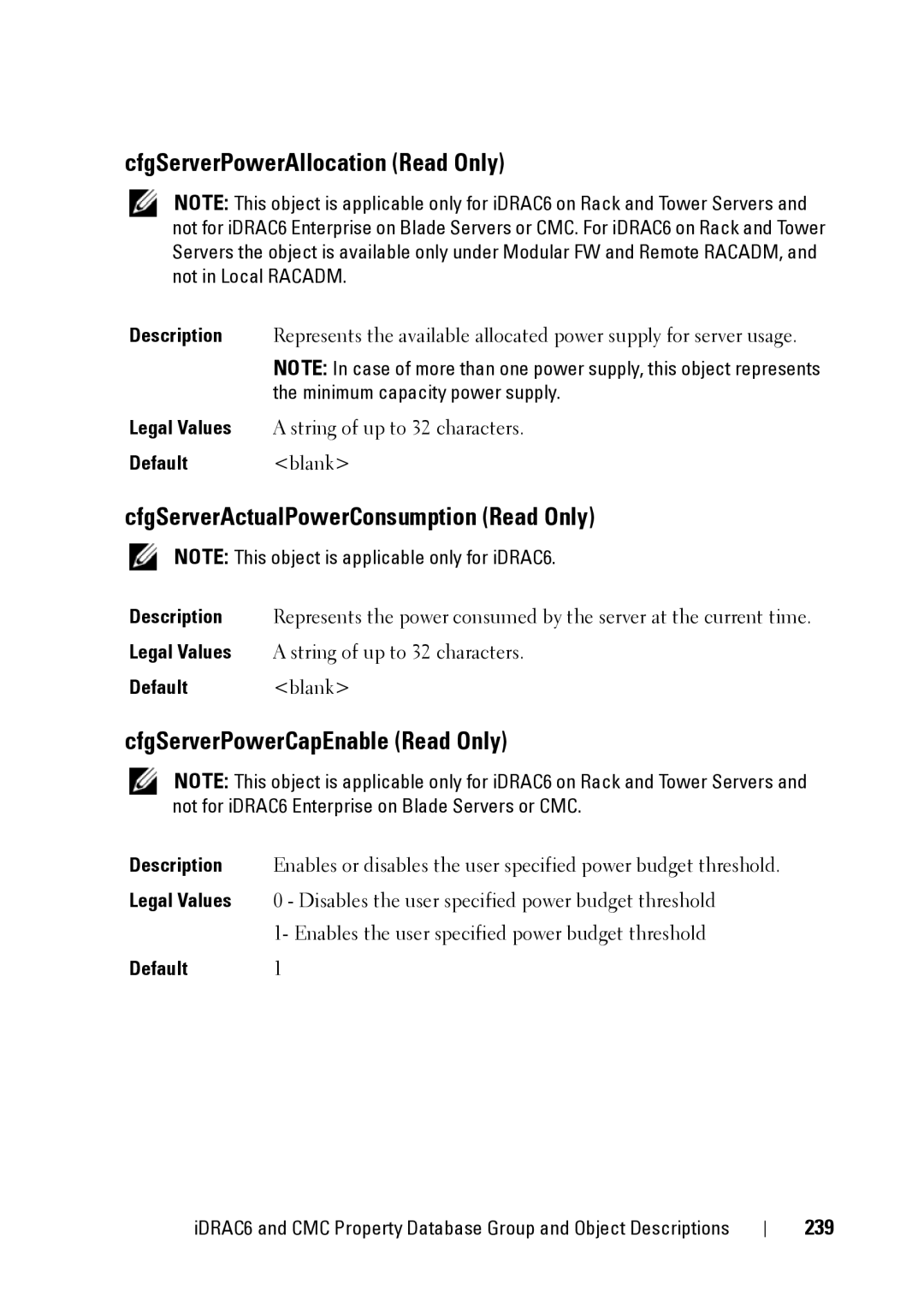 Dell CMC 3.2, IDRAC6 1.95, IDRAC6 3.5 CfgServerPowerAllocation Read Only, CfgServerActualPowerConsumption Read Only, 239 