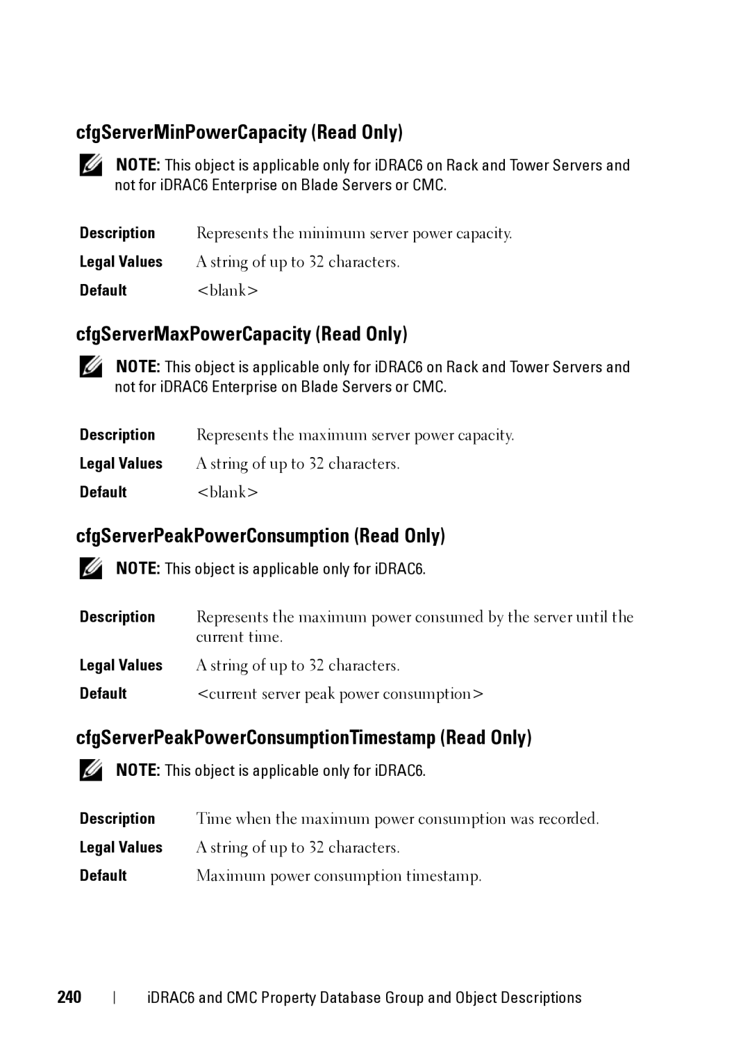Dell IDRAC6 1.95, IDRAC6 3.5, CMC 3.2 manual CfgServerMinPowerCapacity Read Only, CfgServerMaxPowerCapacity Read Only, 240 