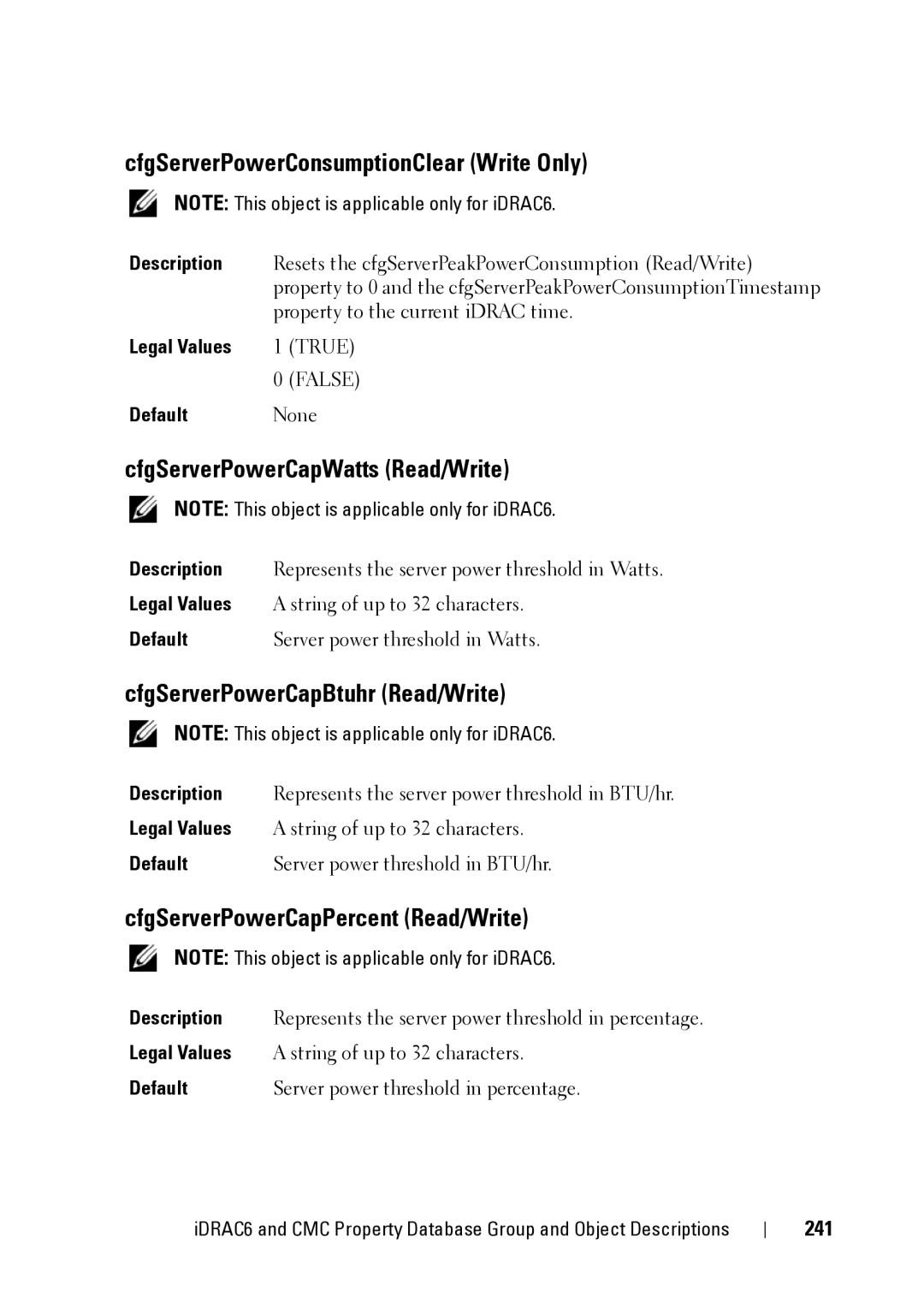 Dell IDRAC6 3.5, IDRAC6 1.95, CMC 3.2 CfgServerPowerConsumptionClear Write Only, CfgServerPowerCapWatts Read/Write, 241 