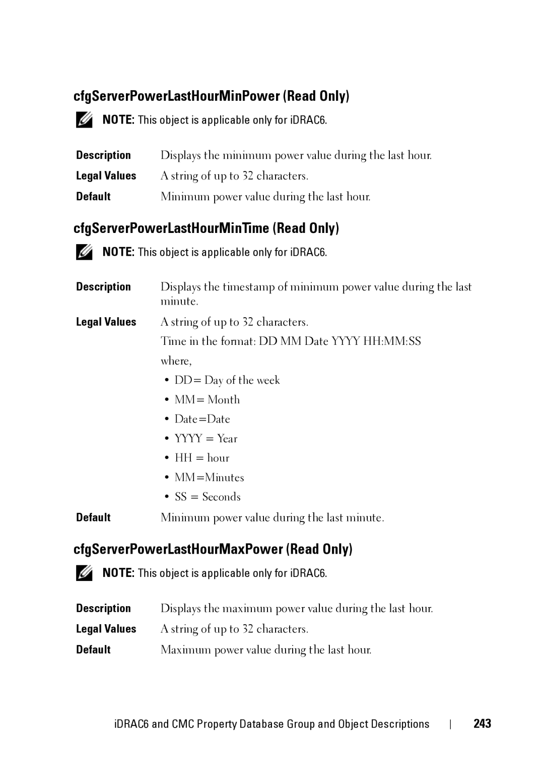 Dell IDRAC6 1.95, IDRAC6 3.5 manual CfgServerPowerLastHourMinPower Read Only, CfgServerPowerLastHourMinTime Read Only, 243 