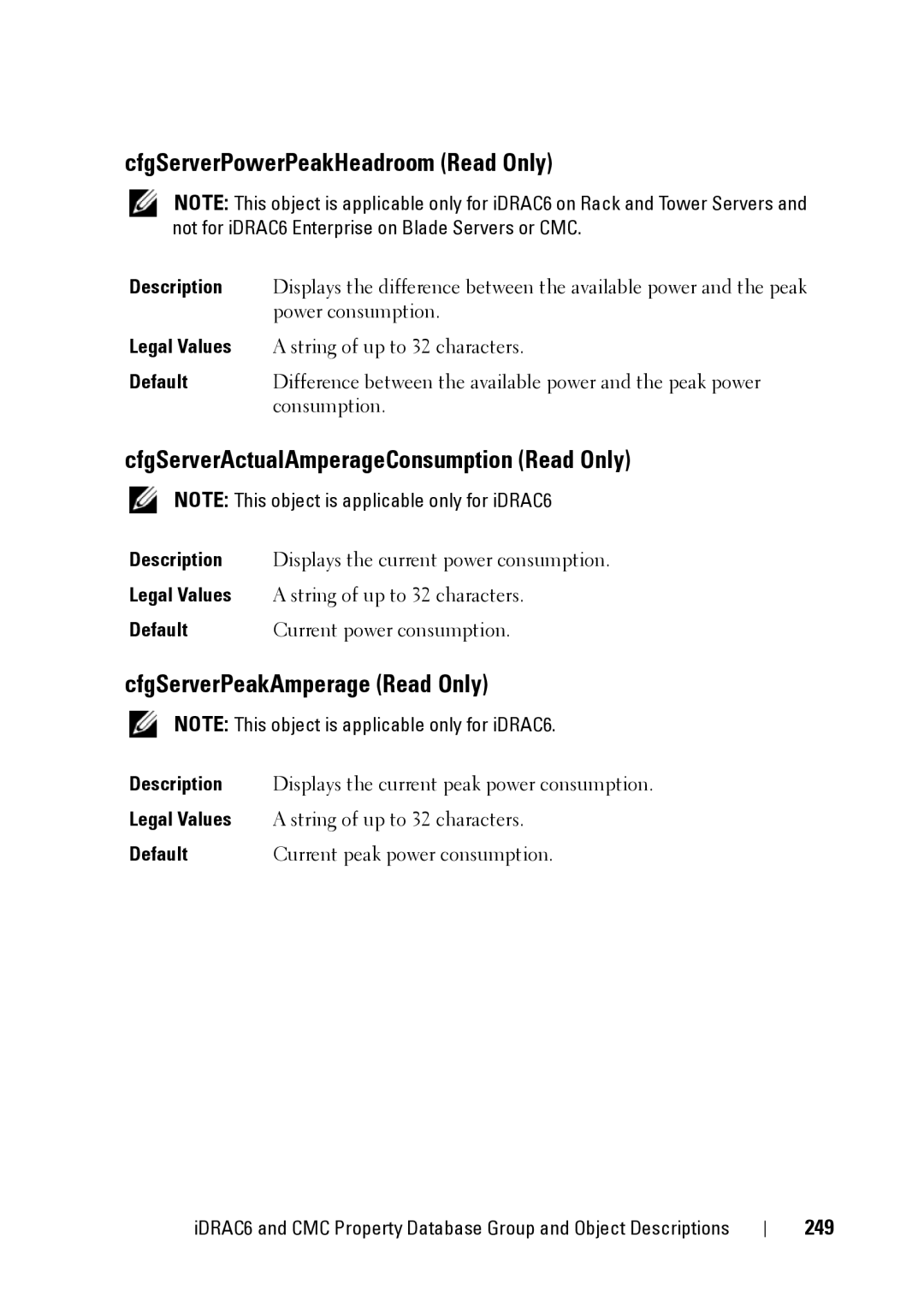 Dell IDRAC6 1.95, IDRAC6 3.5 manual CfgServerPowerPeakHeadroom Read Only, CfgServerActualAmperageConsumption Read Only, 249 