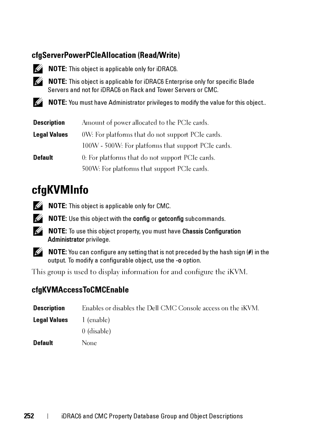 Dell IDRAC6 1.95, IDRAC6 3.5, CMC 3.2 CfgKVMInfo, CfgServerPowerPCIeAllocation Read/Write, CfgKVMAccessToCMCEnable, 252 