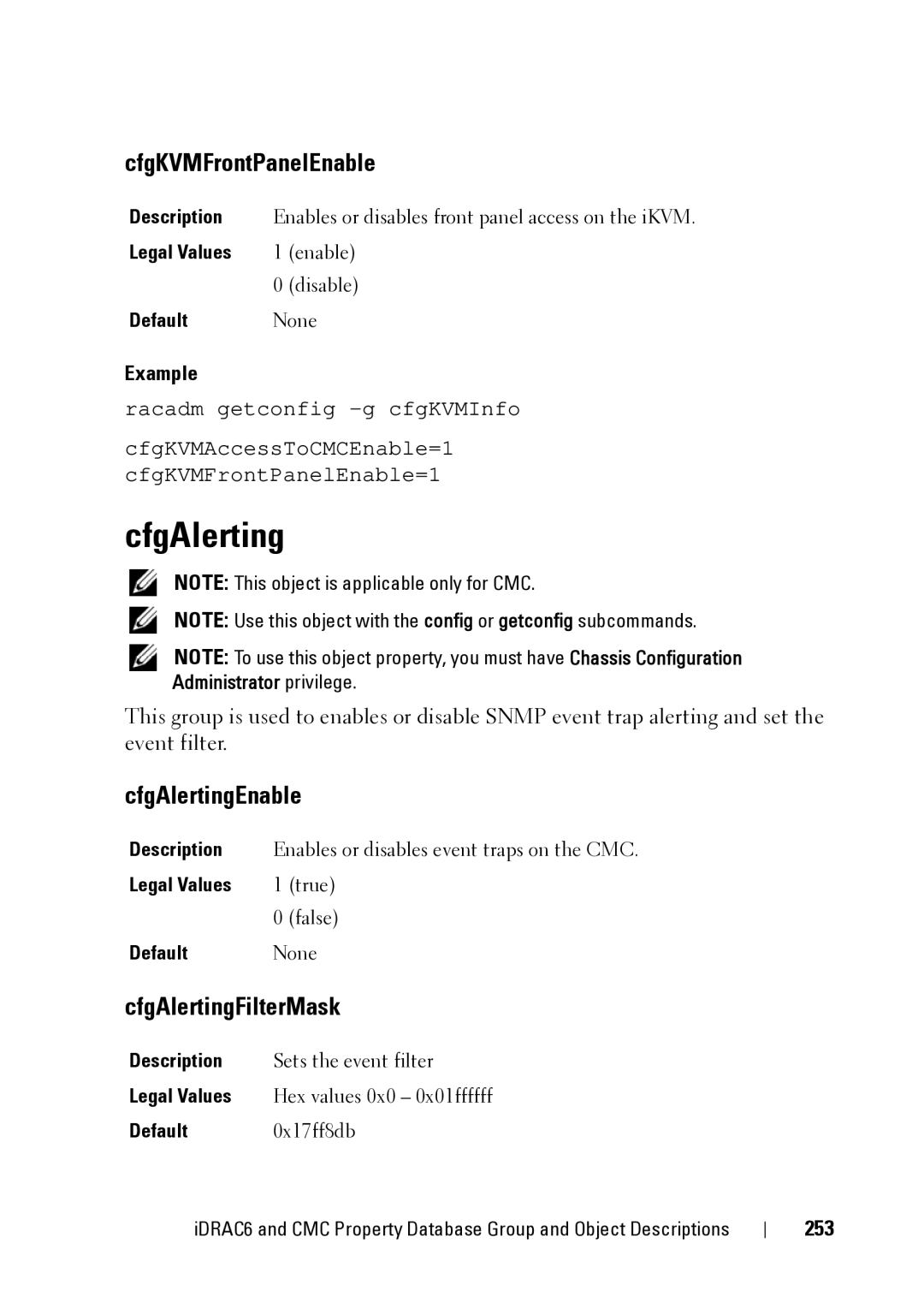Dell IDRAC6 3.5, IDRAC6 1.95, CMC 3.2 manual CfgKVMFrontPanelEnable, CfgAlertingEnable, CfgAlertingFilterMask, 253 