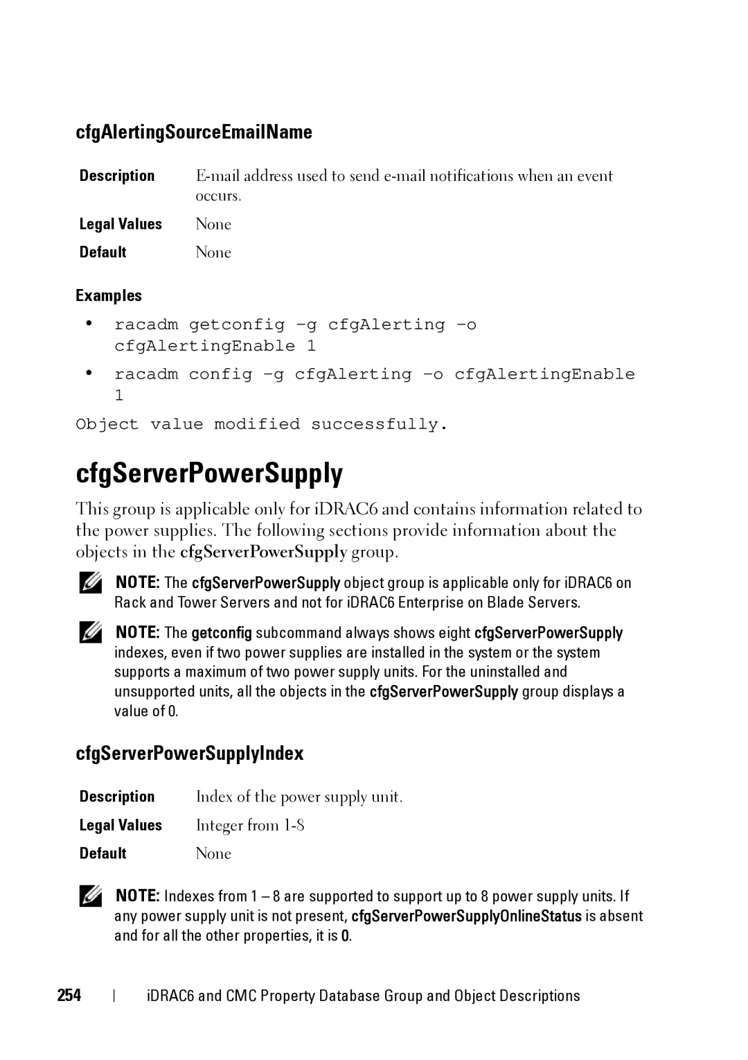 Dell CMC 3.2, IDRAC6 1.95, IDRAC6 3.5 manual CfgAlertingSourceEmailName, CfgServerPowerSupplyIndex, 254 