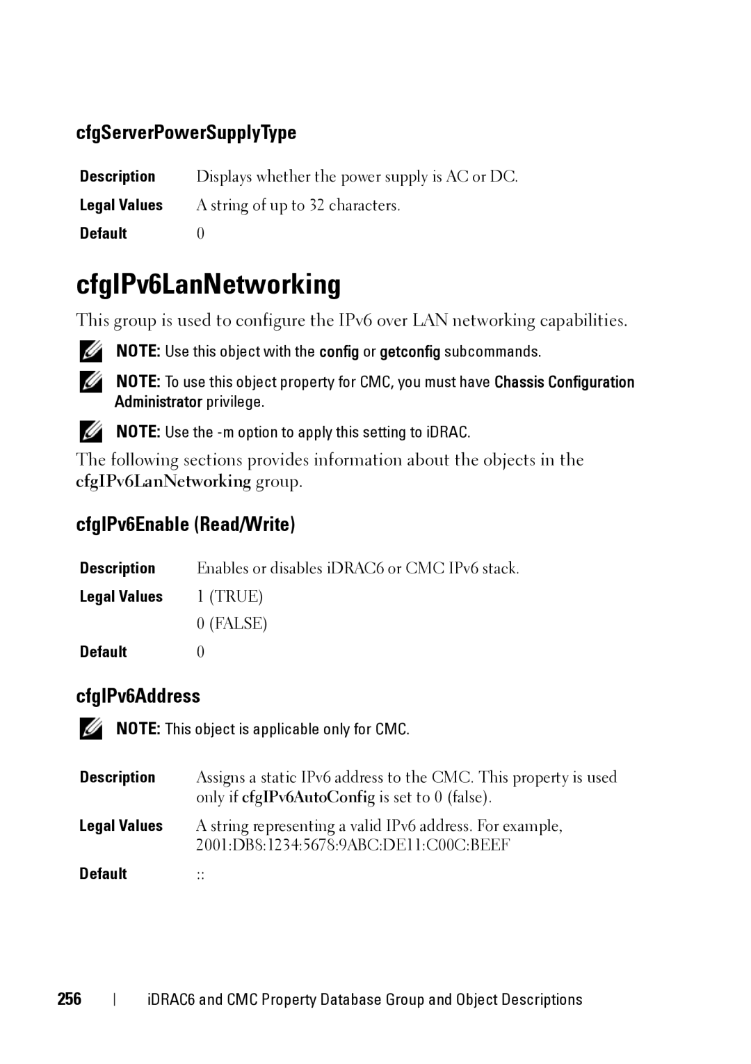 Dell IDRAC6 3.5, IDRAC6 1.95 CfgIPv6LanNetworking, CfgServerPowerSupplyType, CfgIPv6Enable Read/Write, CfgIPv6Address, 256 