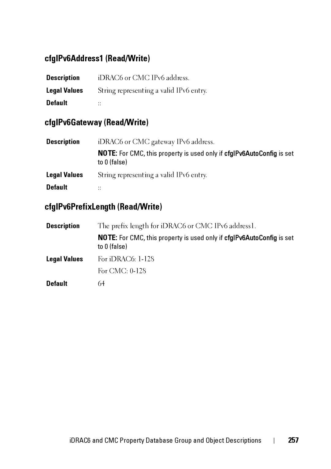 Dell CMC 3.2, IDRAC6 1.95 manual CfgIPv6Address1 Read/Write, CfgIPv6Gateway Read/Write, CfgIPv6PrefixLength Read/Write, 257 