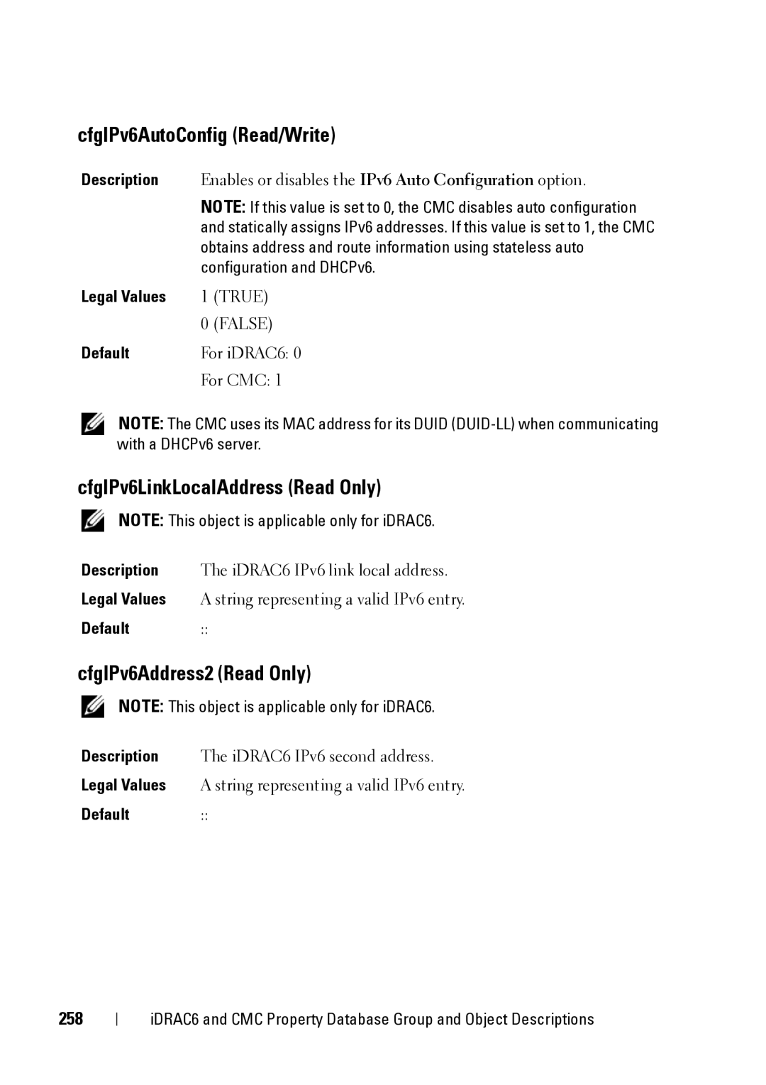 Dell IDRAC6 1.95, CMC 3.2 CfgIPv6AutoConfig Read/Write, CfgIPv6LinkLocalAddress Read Only, CfgIPv6Address2 Read Only, 258 