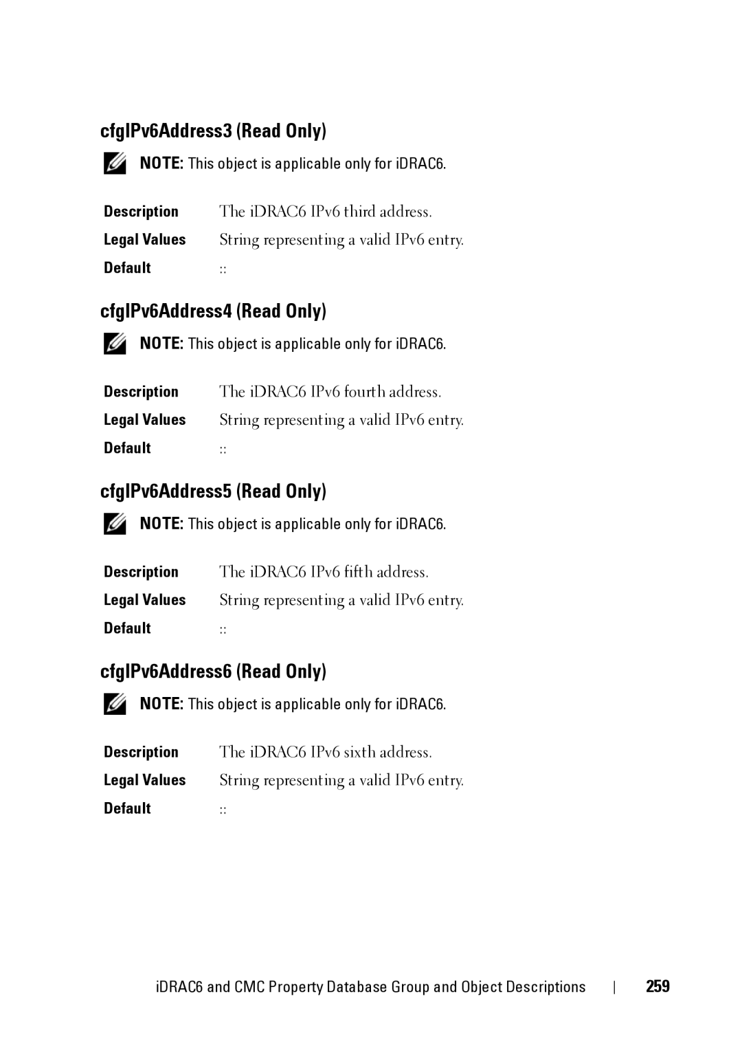 Dell IDRAC6 3.5 CfgIPv6Address3 Read Only, CfgIPv6Address4 Read Only, CfgIPv6Address5 Read Only, CfgIPv6Address6 Read Only 