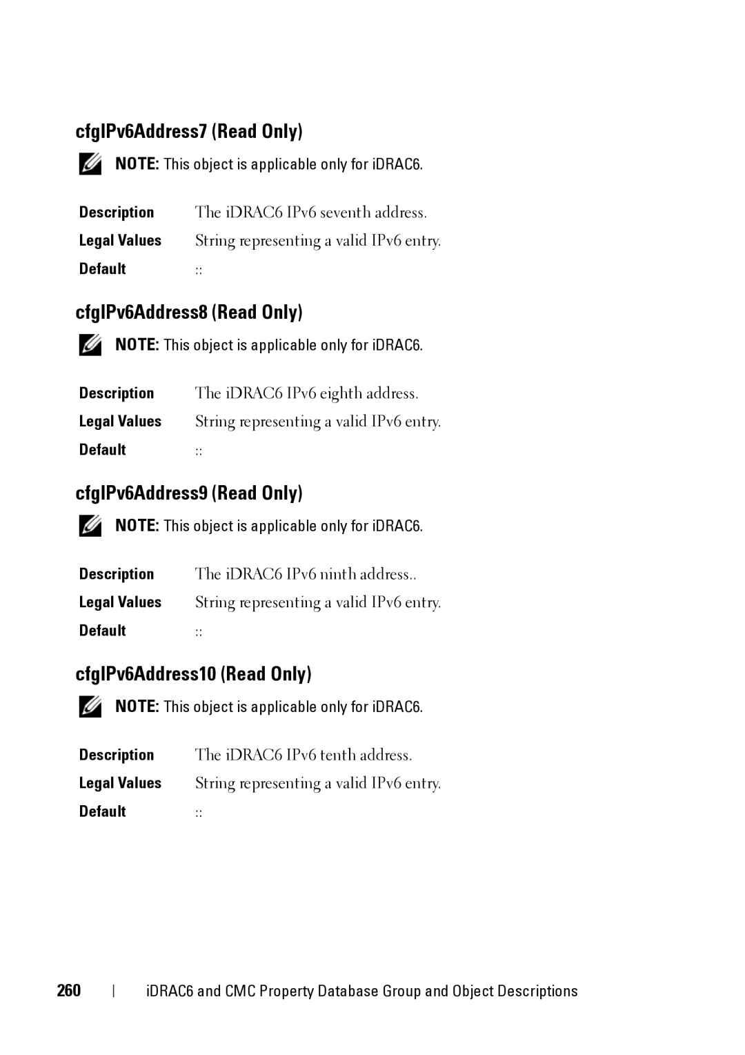 Dell CMC 3.2 CfgIPv6Address7 Read Only, CfgIPv6Address8 Read Only, CfgIPv6Address9 Read Only, CfgIPv6Address10 Read Only 