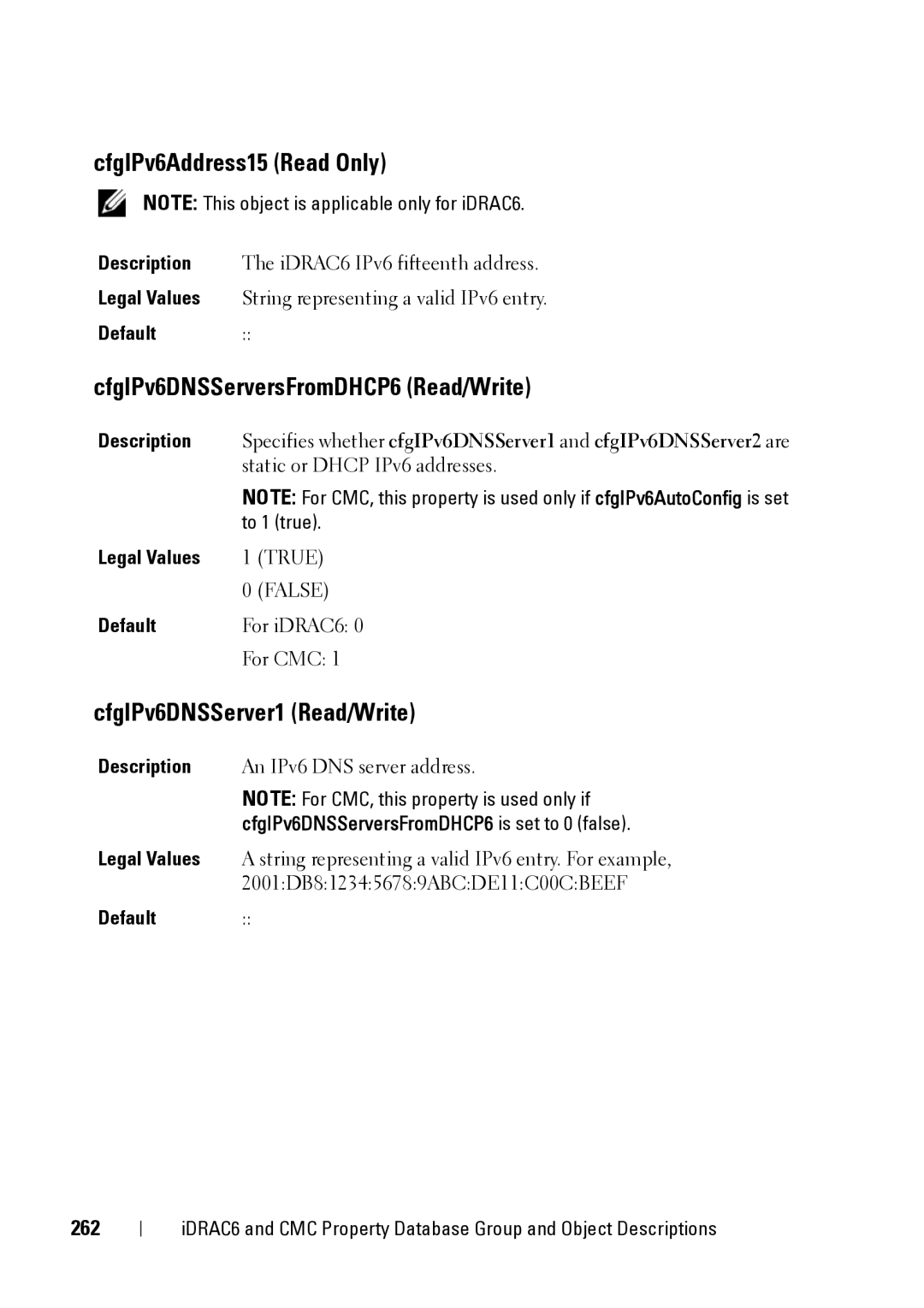 Dell IDRAC6 3.5 manual CfgIPv6Address15 Read Only, CfgIPv6DNSServersFromDHCP6 Read/Write, CfgIPv6DNSServer1 Read/Write, 262 