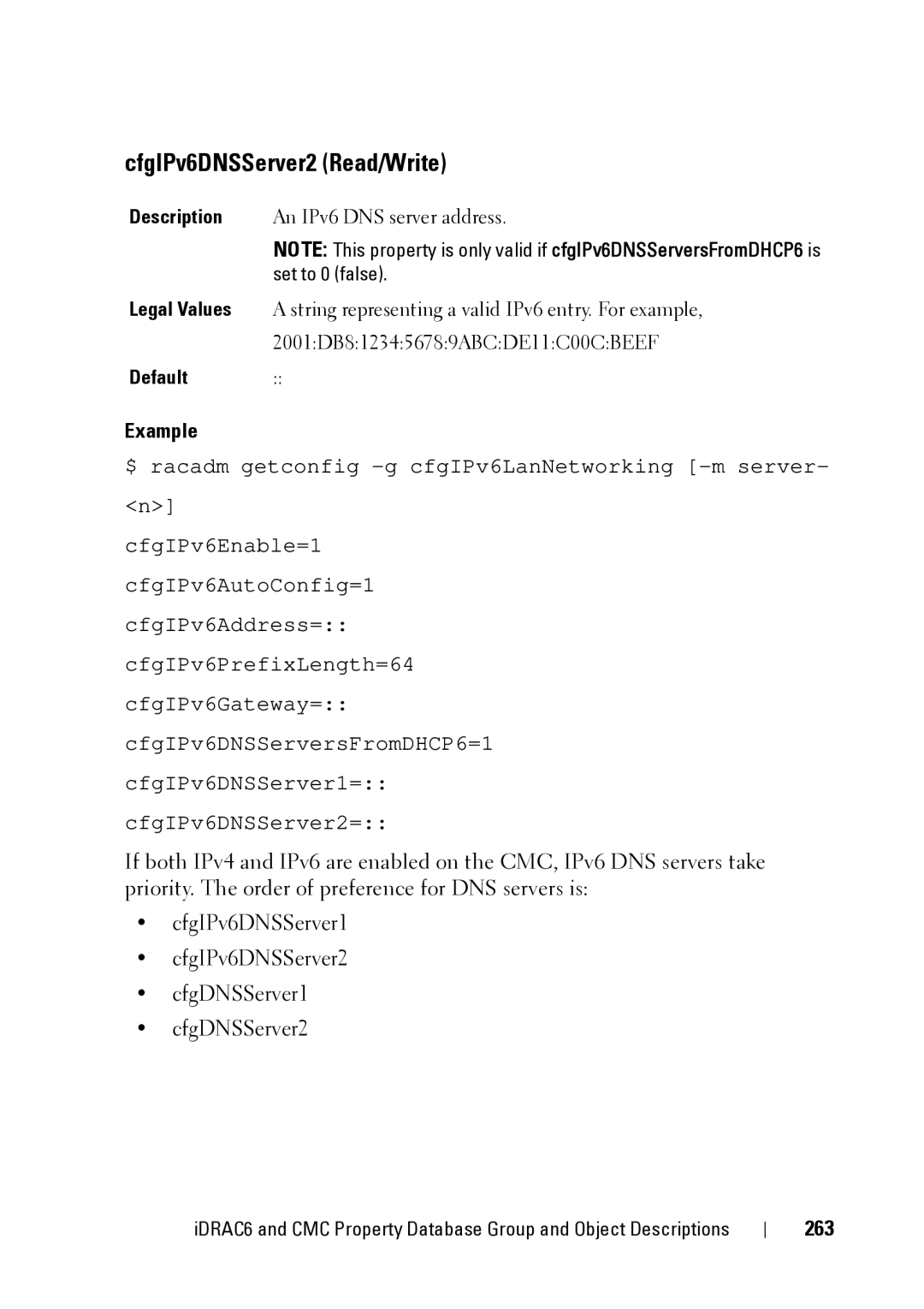 Dell CMC 3.2, IDRAC6 1.95, IDRAC6 3.5 manual CfgIPv6DNSServer2 Read/Write, 263 