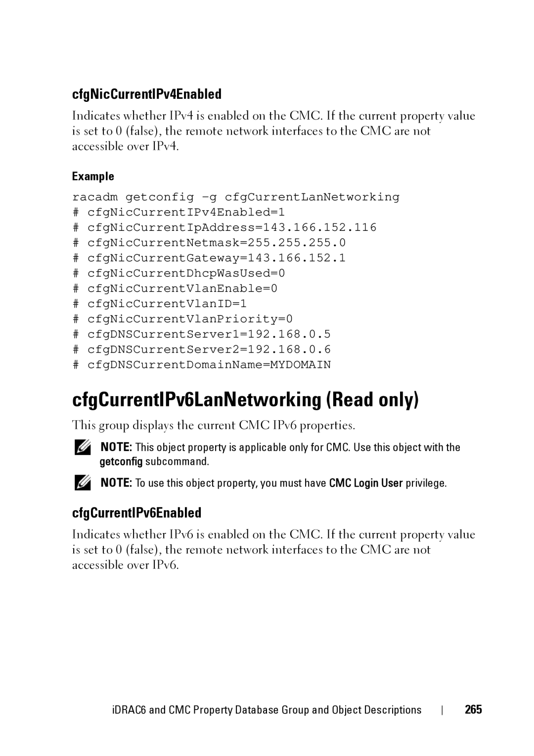 Dell IDRAC6 3.5, IDRAC6 1.95 CfgCurrentIPv6LanNetworking Read only, CfgNicCurrentIPv4Enabled, CfgCurrentIPv6Enabled, 265 