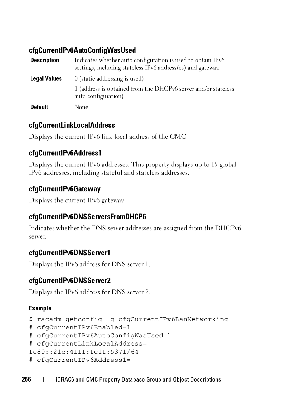 Dell CMC 3.2 CfgCurrentIPv6AutoConfigWasUsed, CfgCurrentLinkLocalAddress, CfgCurrentIPv6Address1, CfgCurrentIPv6Gateway 