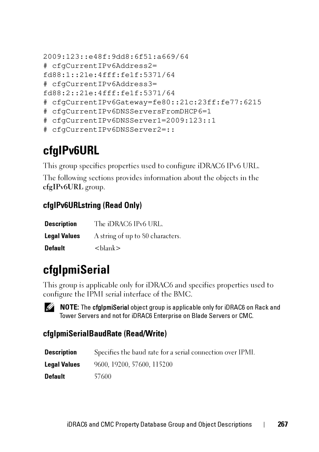 Dell IDRAC6 1.95, IDRAC6 3.5, CMC 3.2 manual CfgIPv6URLstring Read Only, CfgIpmiSerialBaudRate Read/Write, 267 