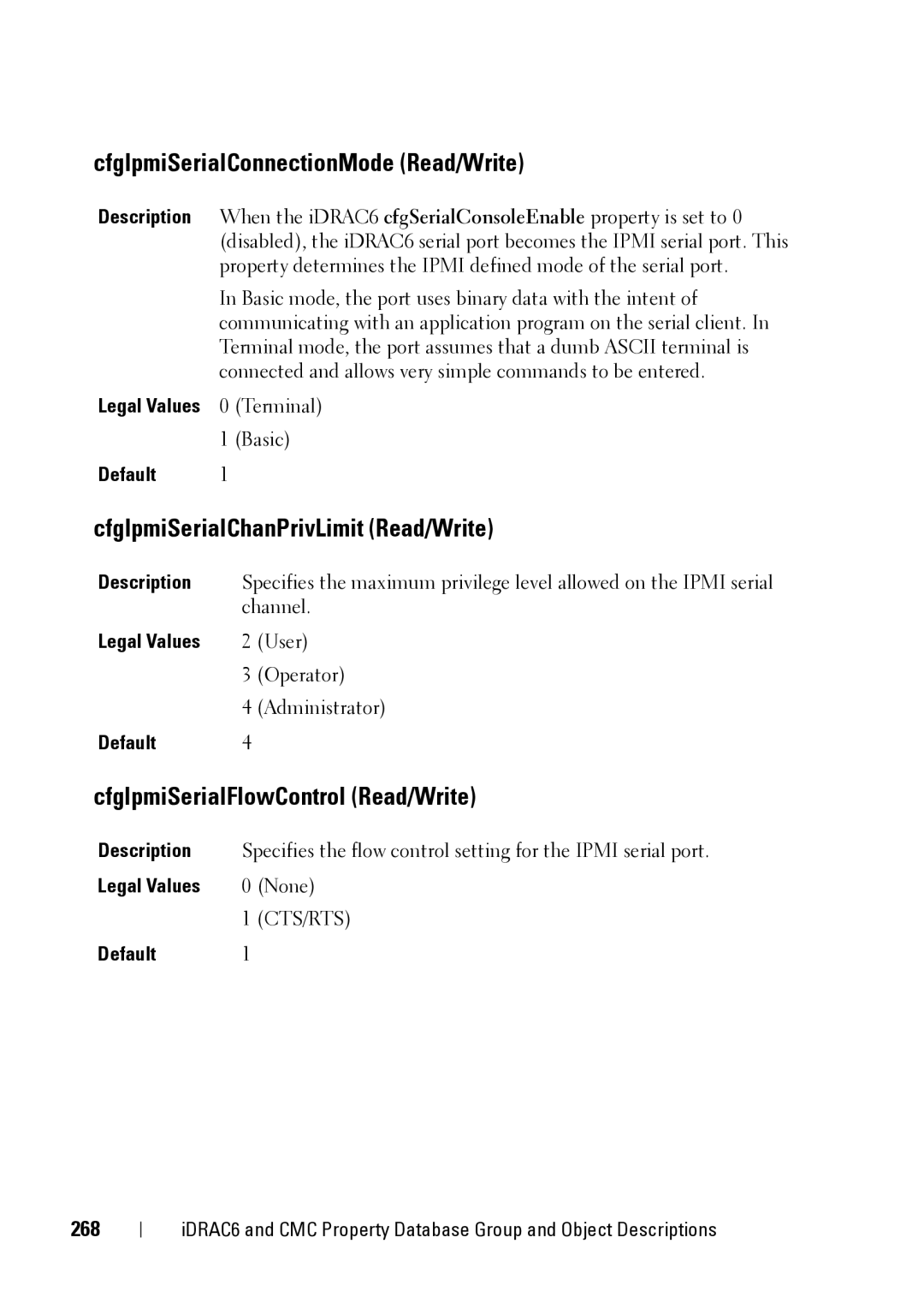 Dell IDRAC6 3.5, IDRAC6 1.95, CMC 3.2 CfgIpmiSerialConnectionMode Read/Write, CfgIpmiSerialChanPrivLimit Read/Write, 268 