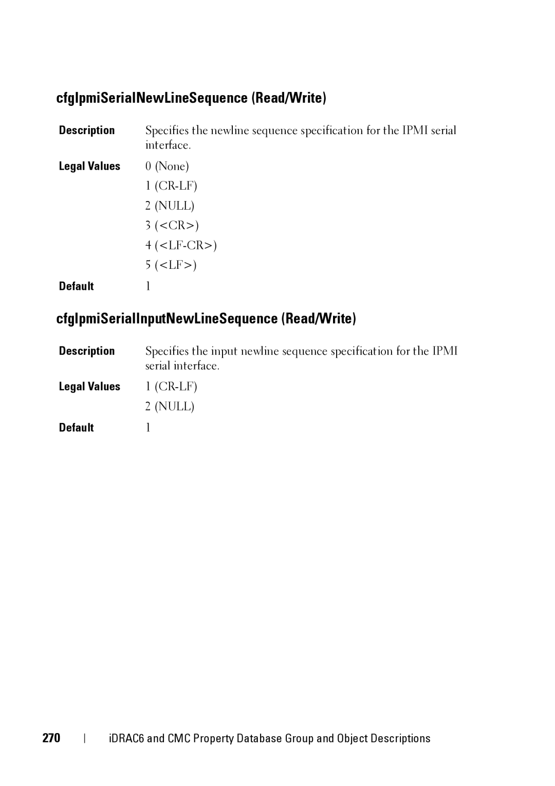 Dell IDRAC6 1.95, IDRAC6 3.5 CfgIpmiSerialNewLineSequence Read/Write, CfgIpmiSerialInputNewLineSequence Read/Write, 270 