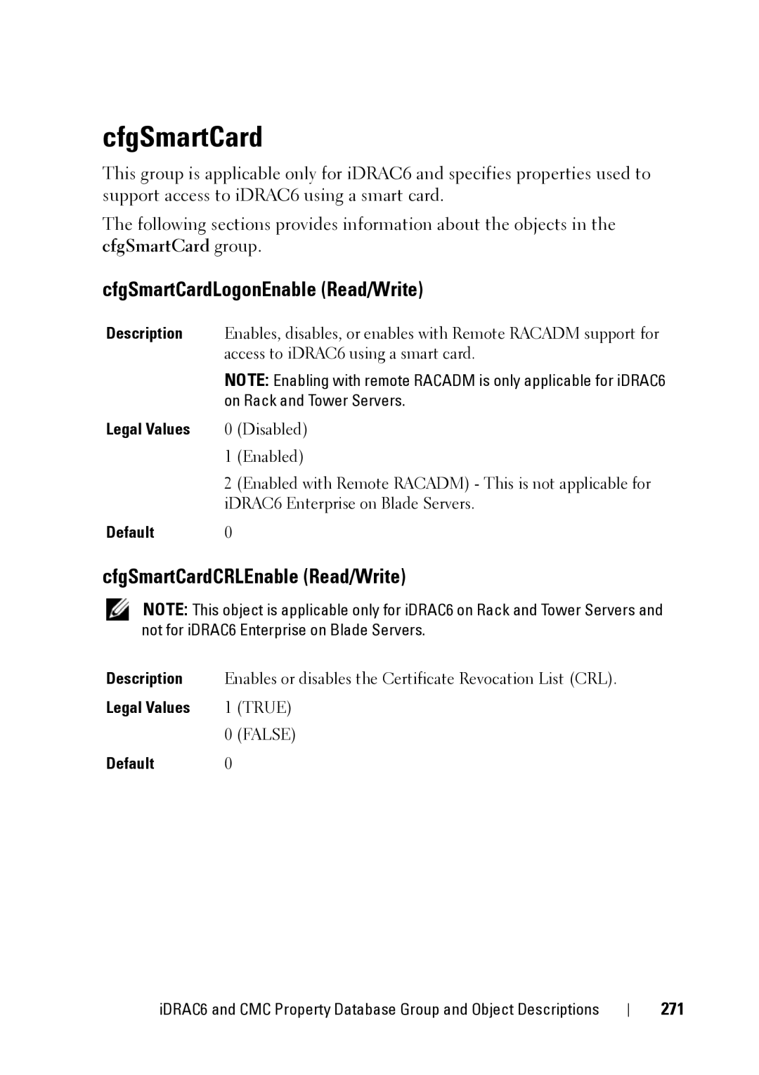 Dell IDRAC6 3.5, IDRAC6 1.95, CMC 3.2 manual CfgSmartCardLogonEnable Read/Write, CfgSmartCardCRLEnable Read/Write, 271 