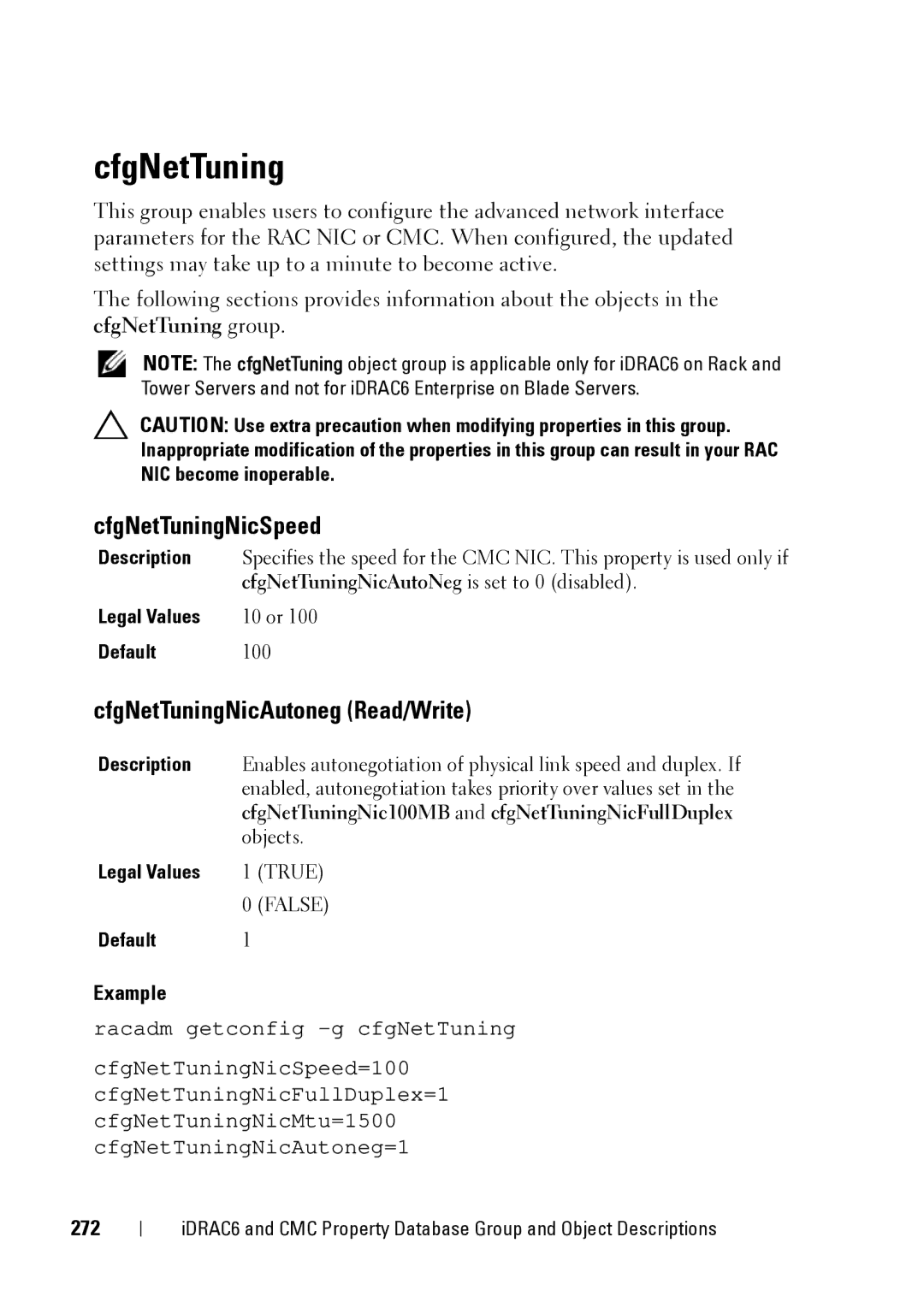 Dell CMC 3.2, IDRAC6 1.95, IDRAC6 3.5 manual CfgNetTuningNicSpeed, CfgNetTuningNicAutoneg Read/Write, 272 