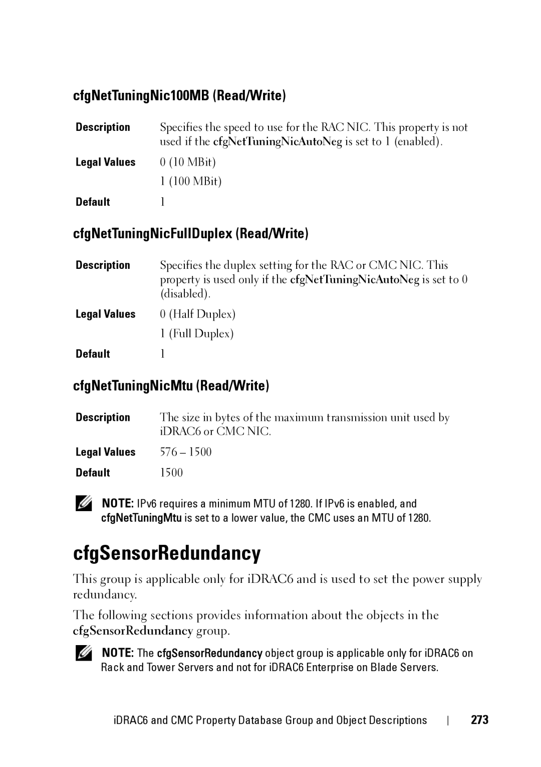 Dell IDRAC6 1.95, CMC 3.2 CfgSensorRedundancy, CfgNetTuningNic100MB Read/Write, CfgNetTuningNicFullDuplex Read/Write, 273 