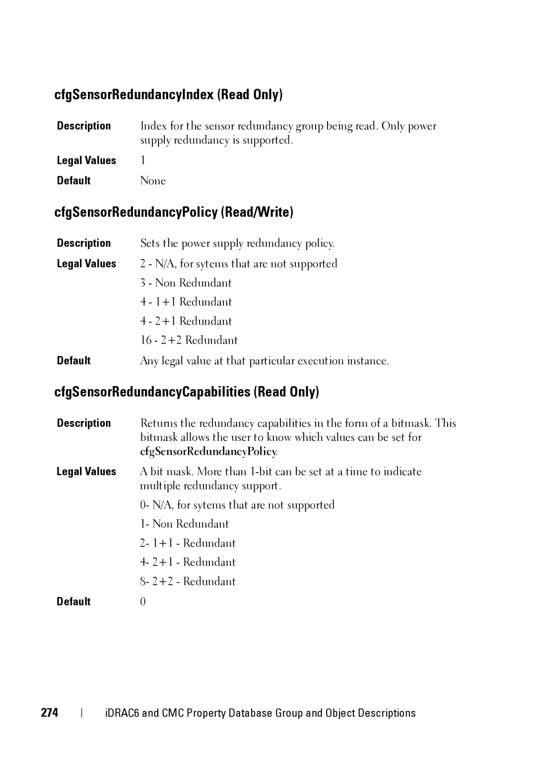 Dell IDRAC6 3.5, IDRAC6 1.95, CMC 3.2 manual CfgSensorRedundancyIndex Read Only, CfgSensorRedundancyPolicy Read/Write, 274 