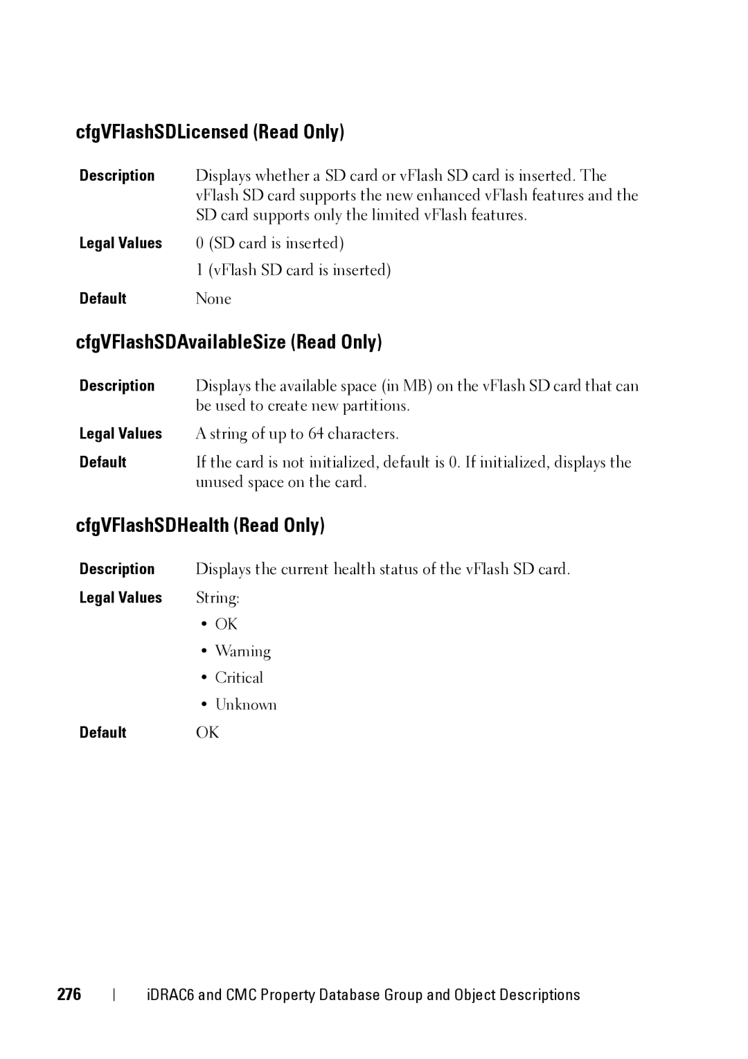 Dell IDRAC6 1.95 manual CfgVFlashSDLicensed Read Only, CfgVFlashSDAvailableSize Read Only, CfgVFlashSDHealth Read Only, 276 