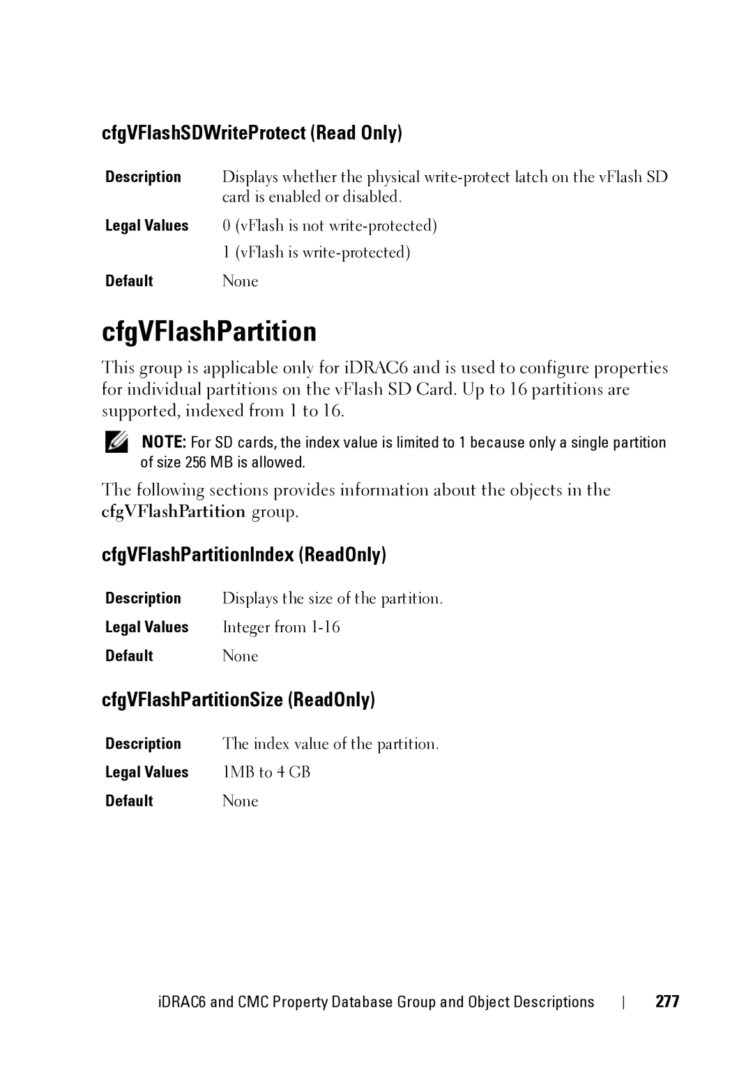 Dell IDRAC6 3.5 CfgVFlashSDWriteProtect Read Only, CfgVFlashPartitionIndex ReadOnly, CfgVFlashPartitionSize ReadOnly 
