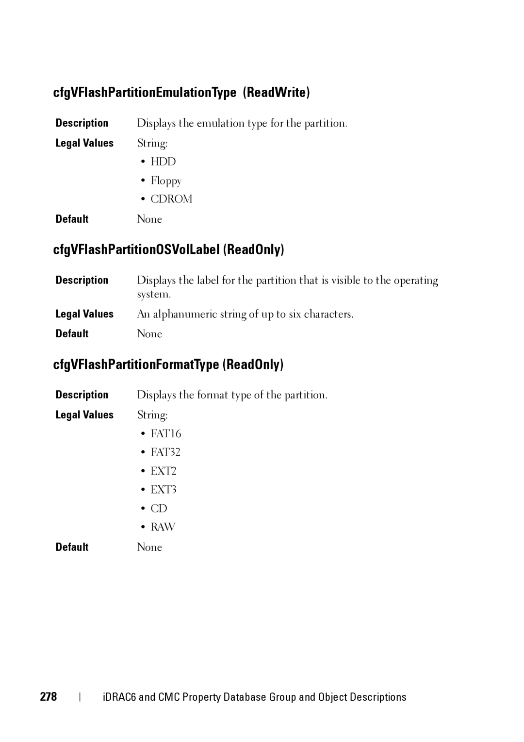 Dell CMC 3.2, IDRAC6 1.95, IDRAC6 3.5 CfgVFlashPartitionEmulationType ReadWrite, CfgVFlashPartitionOSVolLabel ReadOnly, 278 