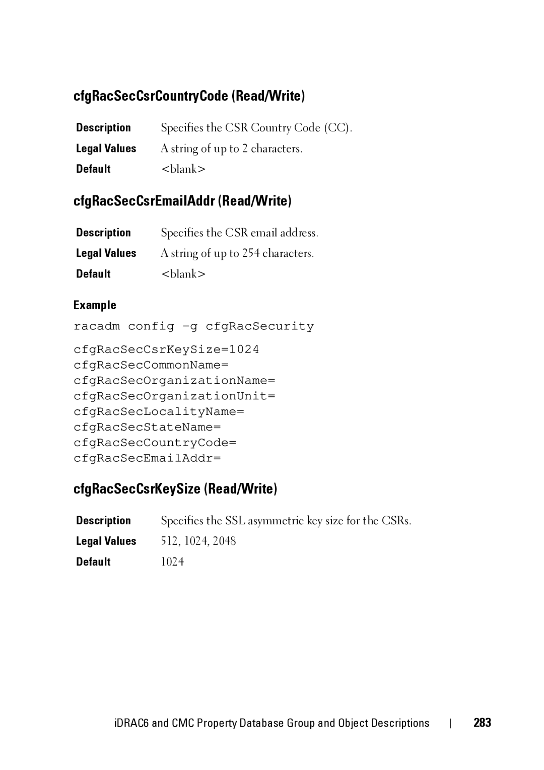 Dell IDRAC6 3.5 CfgRacSecCsrCountryCode Read/Write, CfgRacSecCsrEmailAddr Read/Write, CfgRacSecCsrKeySize Read/Write, 283 