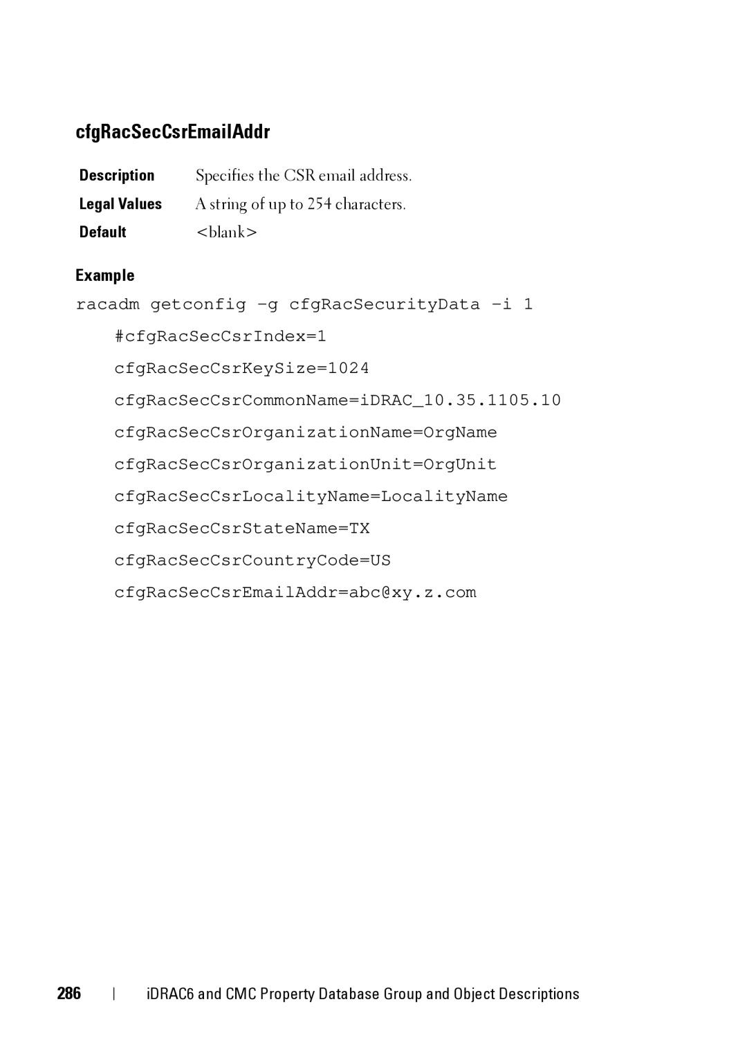 Dell IDRAC6 3.5, IDRAC6 1.95, CMC 3.2 manual CfgRacSecCsrEmailAddr, 286 
