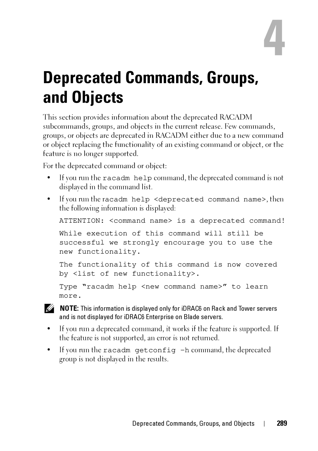 Dell IDRAC6 3.5, IDRAC6 1.95, CMC 3.2 manual Deprecated Commands, Groups, and Objects, 289 