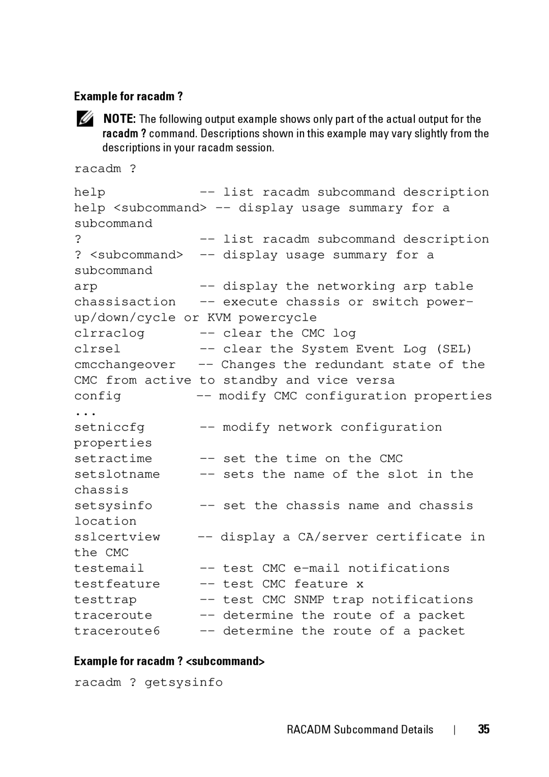 Dell CMC 3.2, IDRAC6 1.95, IDRAC6 3.5 manual Example for racadm ? 