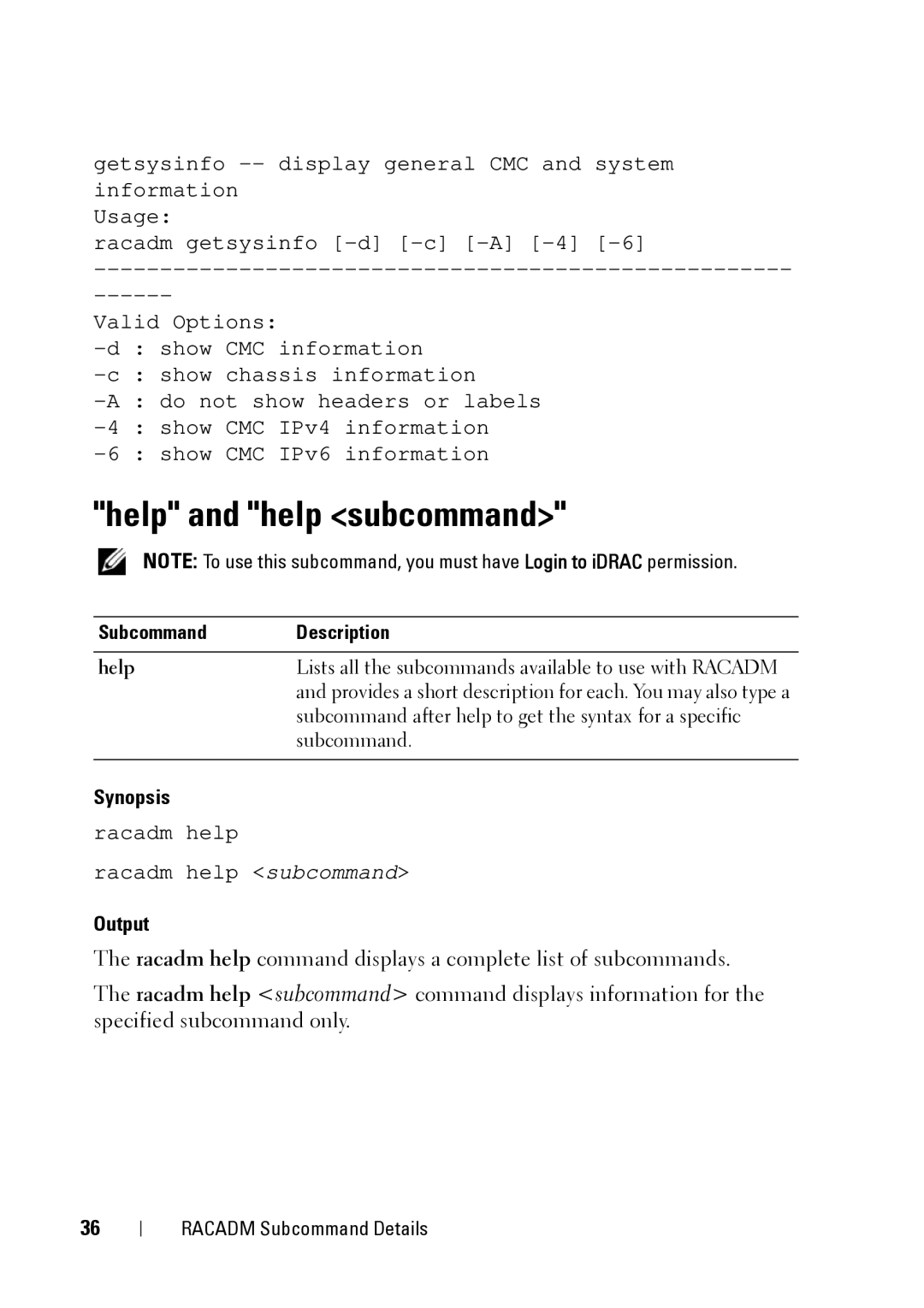 Dell IDRAC6 1.95, IDRAC6 3.5, CMC 3.2 manual Help and help subcommand, Output 