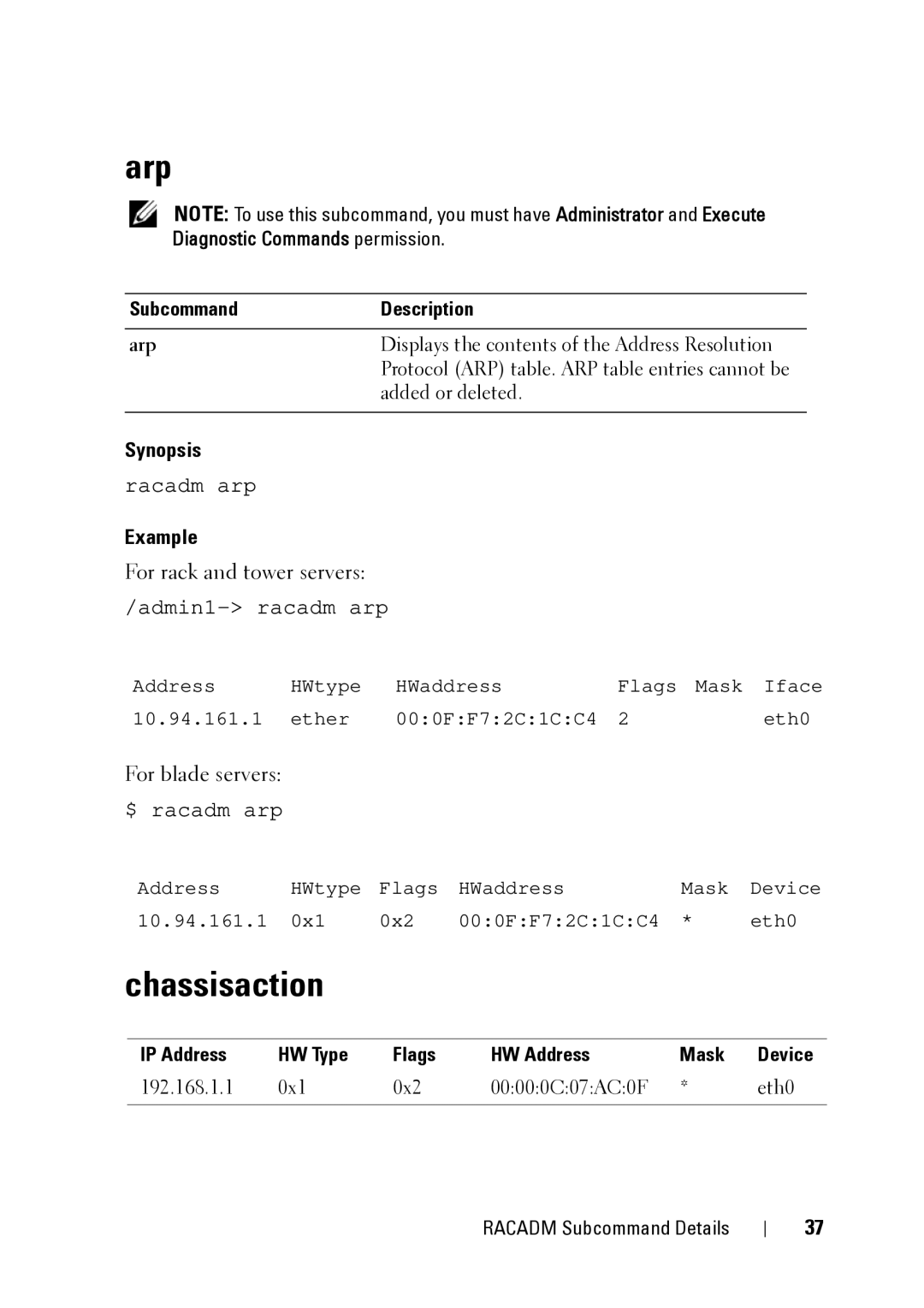 Dell IDRAC6 3.5, IDRAC6 1.95, CMC 3.2 manual Arp, Chassisaction, Example, For rack and tower servers, For blade servers 