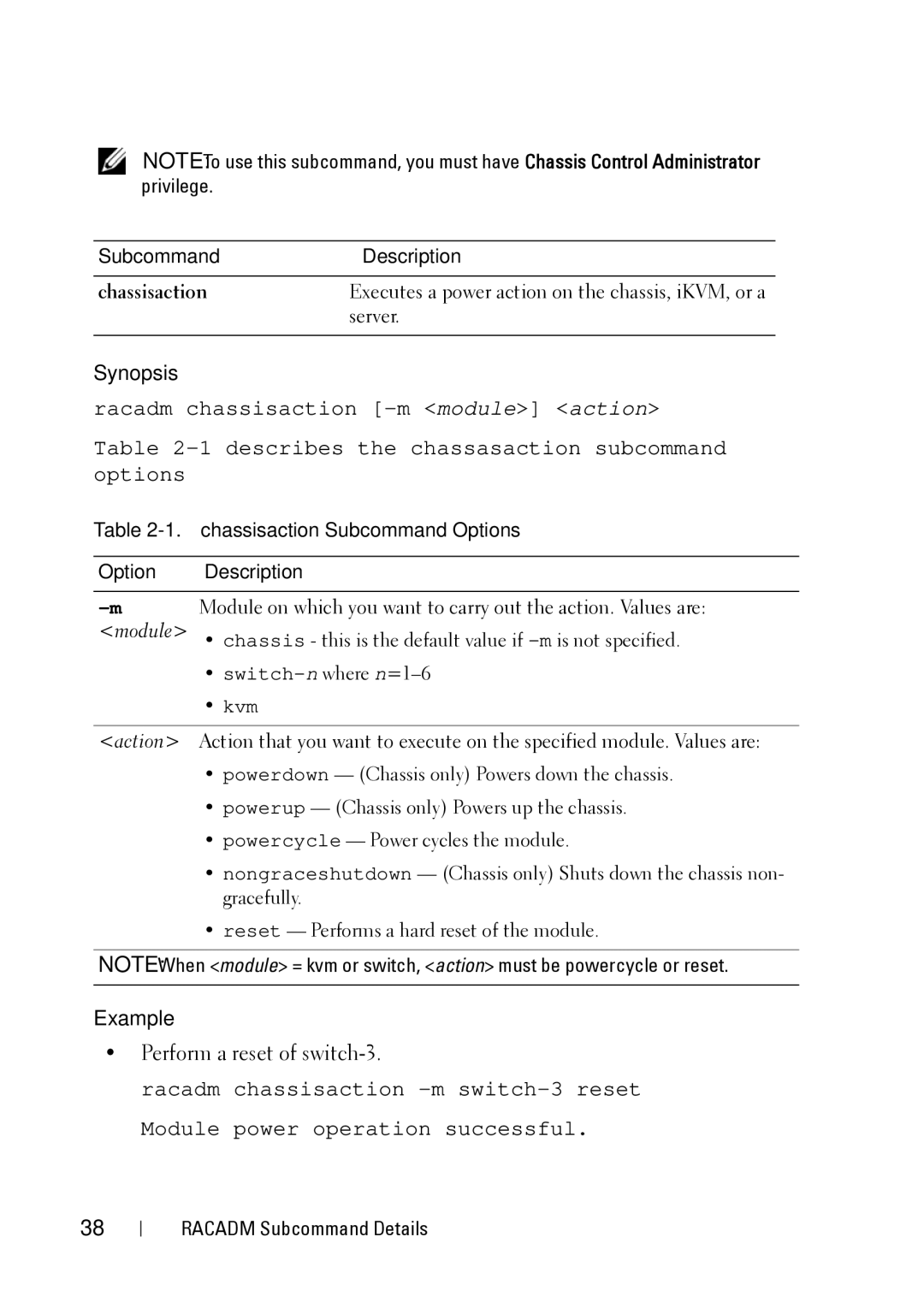 Dell CMC 3.2, IDRAC6 1.95, IDRAC6 3.5 manual Perform a reset of switch-3, Chassisaction Subcommand Options Description 