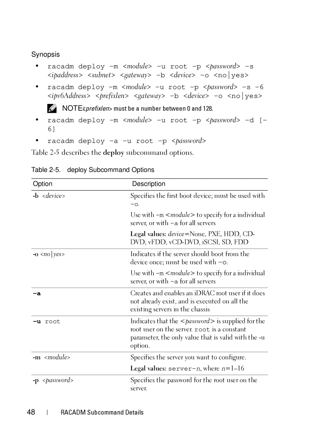 Dell IDRAC6 1.95, IDRAC6 3.5, CMC 3.2 manual 5describes the deploy subcommand options, Deploy Subcommand Options 