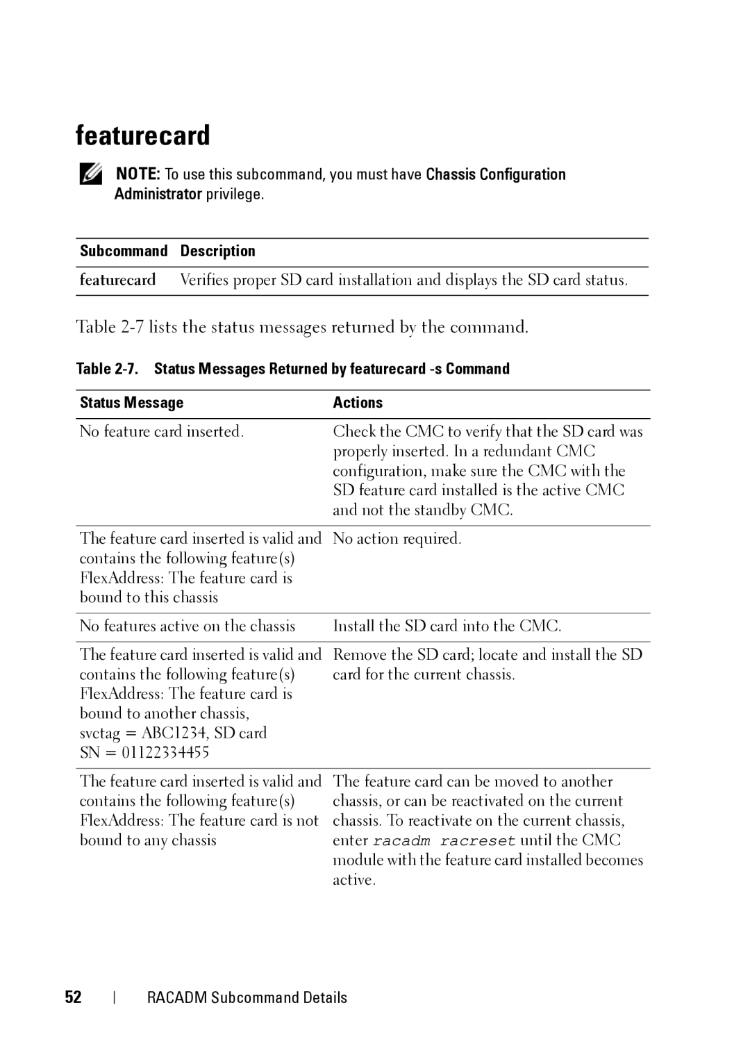 Dell IDRAC6 3.5, IDRAC6 1.95, CMC 3.2 manual Featurecard, 7lists the status messages returned by the command 