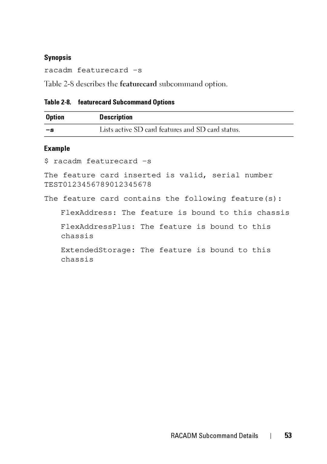 Dell CMC 3.2, IDRAC6 1.95 manual 8describes the featurecard subcommand option, Featurecard Subcommand Options Description 