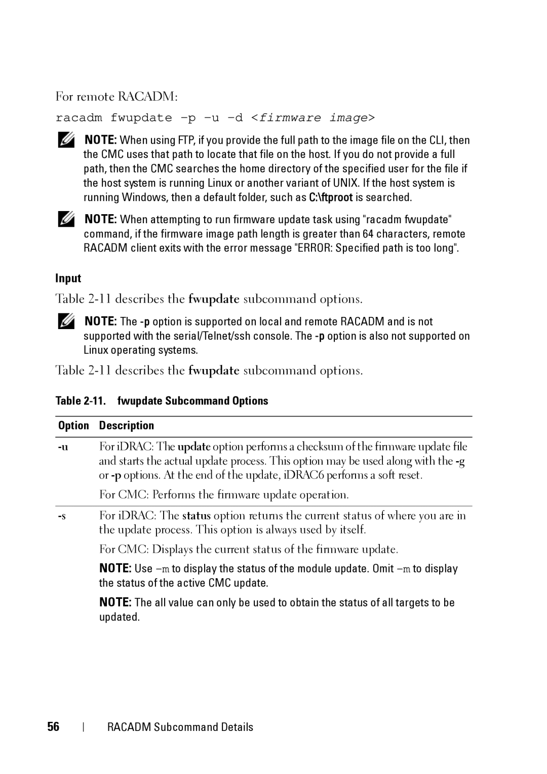 Dell CMC 3.2, IDRAC6 1.95, IDRAC6 3.5 manual For remote Racadm, 11describes the fwupdate subcommand options 