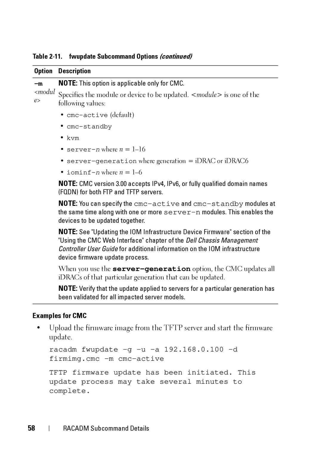 Dell IDRAC6 3.5, IDRAC6 1.95, CMC 3.2 manual Examples for CMC, fwupdate Subcommand Options 