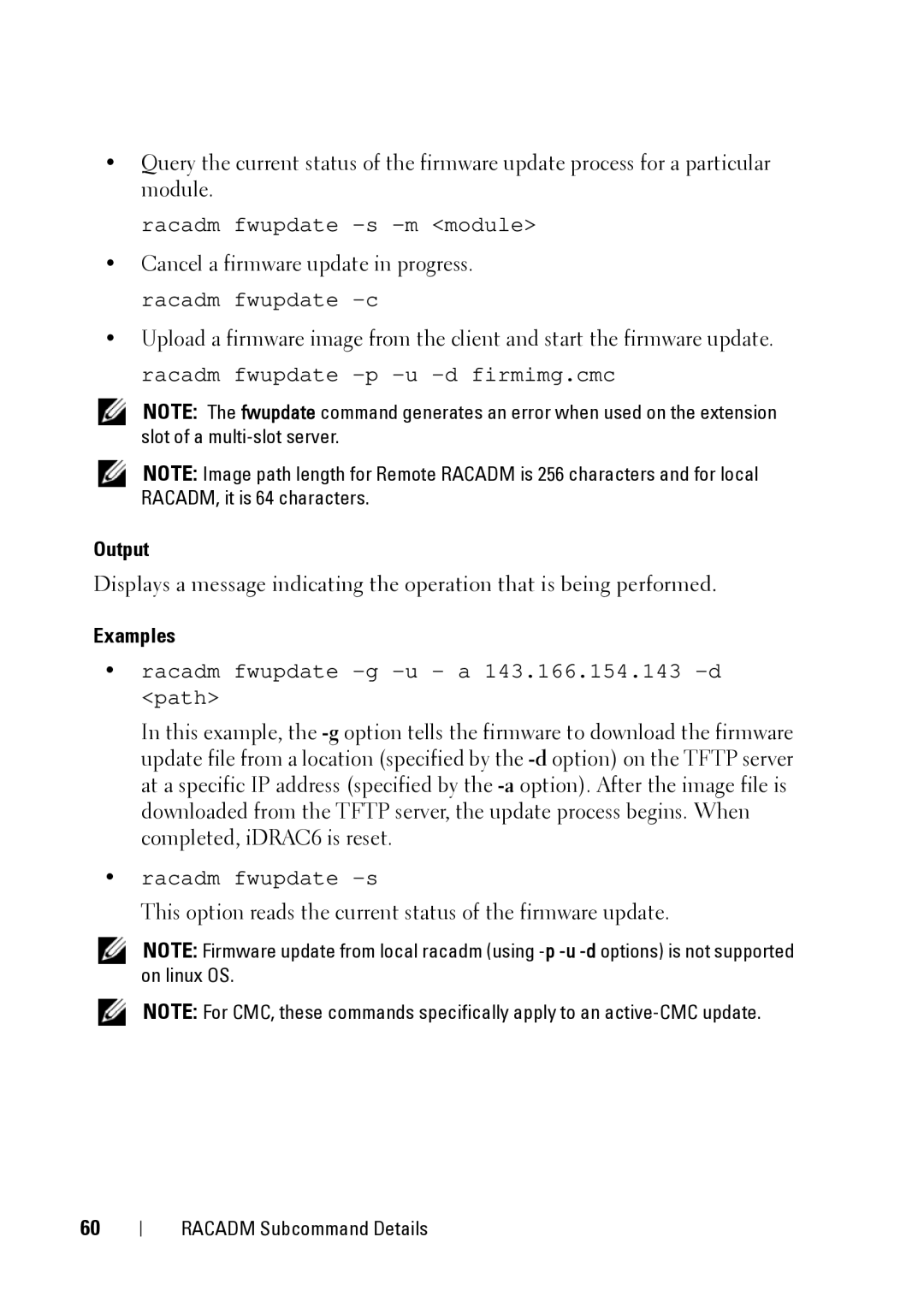 Dell IDRAC6 1.95, IDRAC6 3.5, CMC 3.2 manual Output, This option reads the current status of the firmware update 