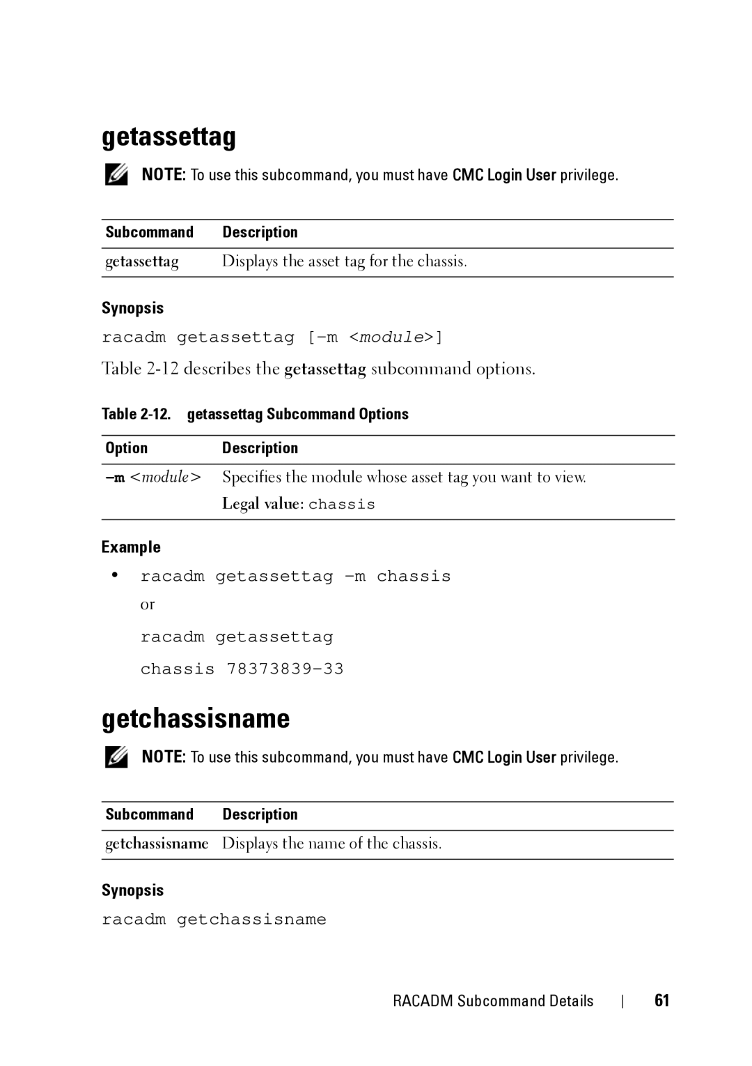 Dell IDRAC6 3.5, IDRAC6 1.95, CMC 3.2 manual Getassettag, Getchassisname, 12describes the getassettag subcommand options 