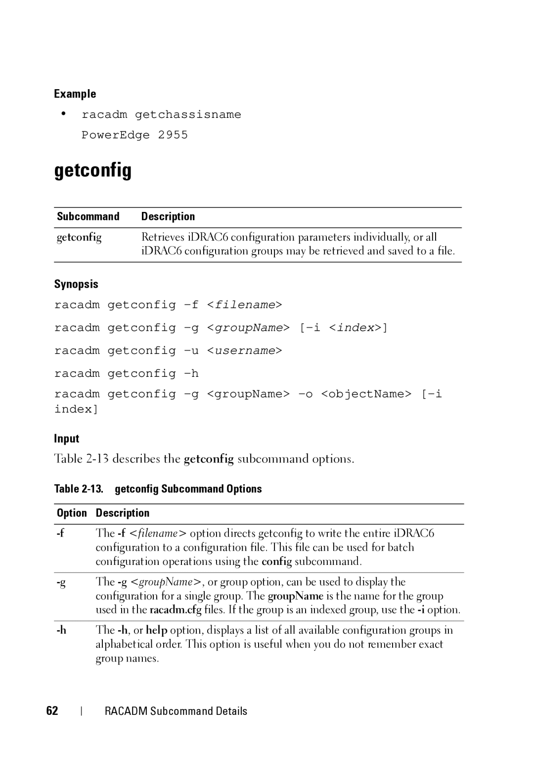 Dell CMC 3.2 Getconfig, 13describes the getconfig subcommand options, getconfig Subcommand Options Option Description 