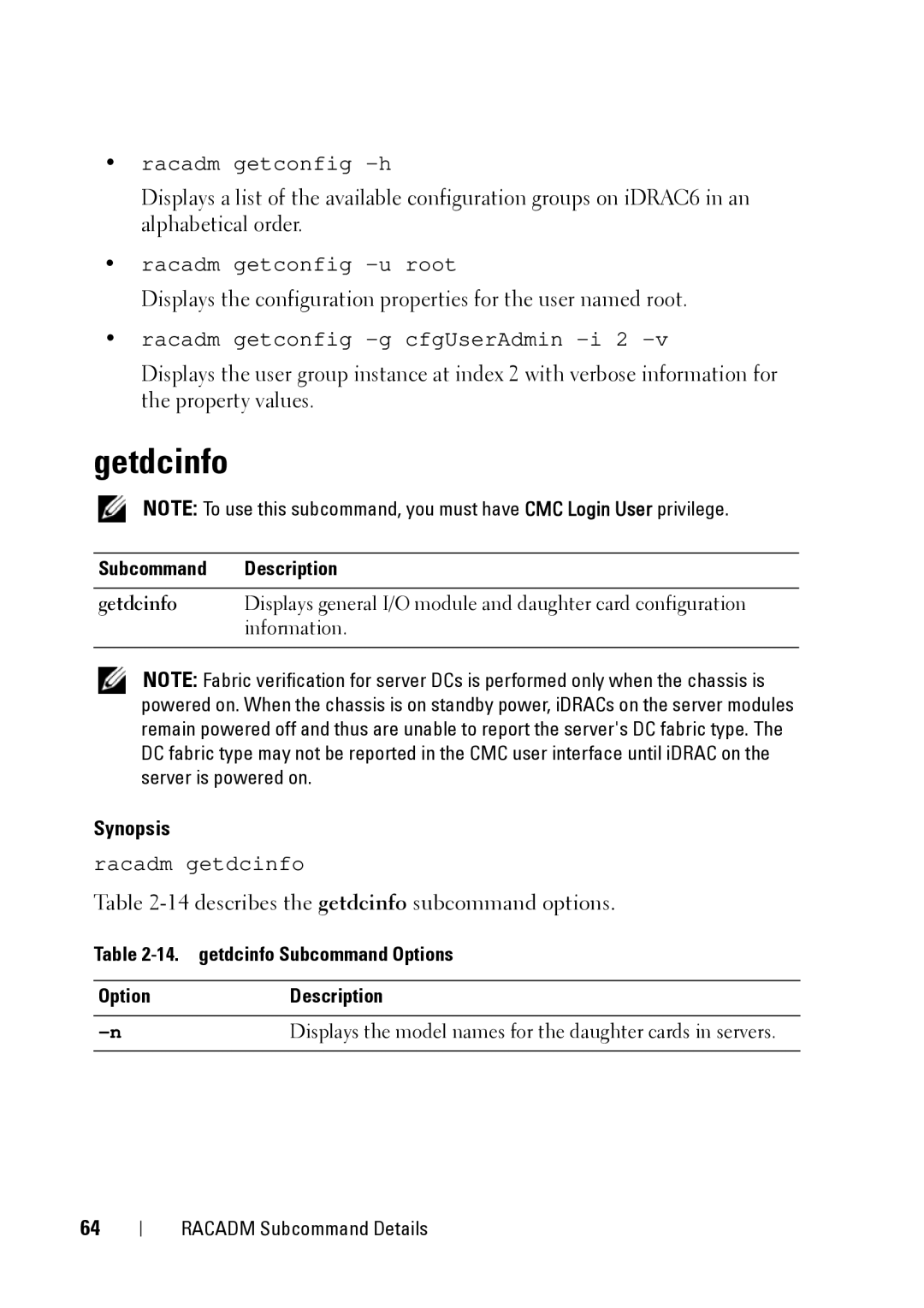 Dell IDRAC6 3.5, CMC 3.2 Getdcinfo, 14describes the getdcinfo subcommand options, getdcinfo Subcommand Options Description 